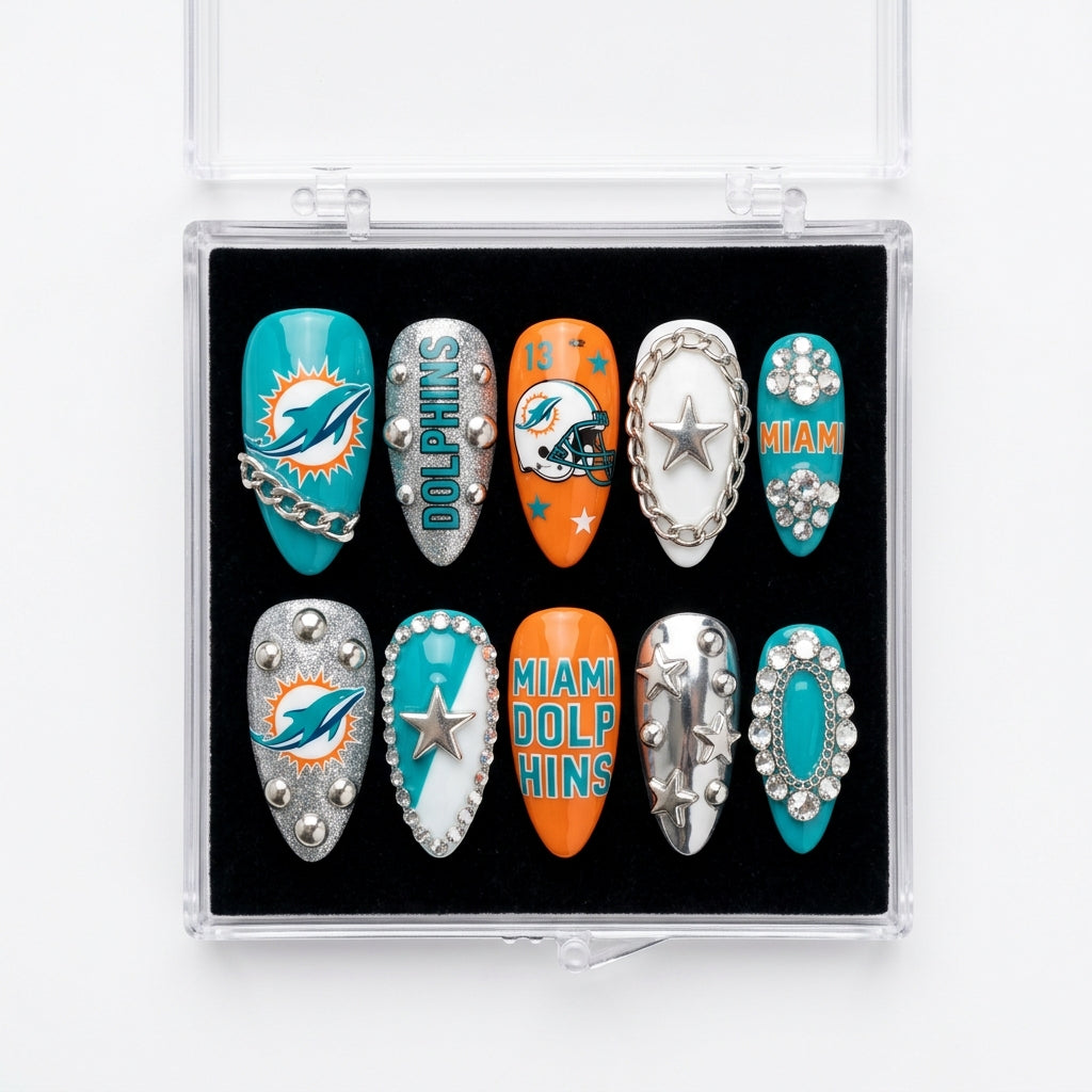 Miami Dolphins Handmade Press On Nails | Reusable 3D Nail Set