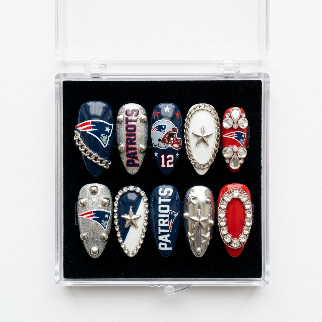 New England Patriots Handmade Press On Nails | Reusable 3D Nail Set