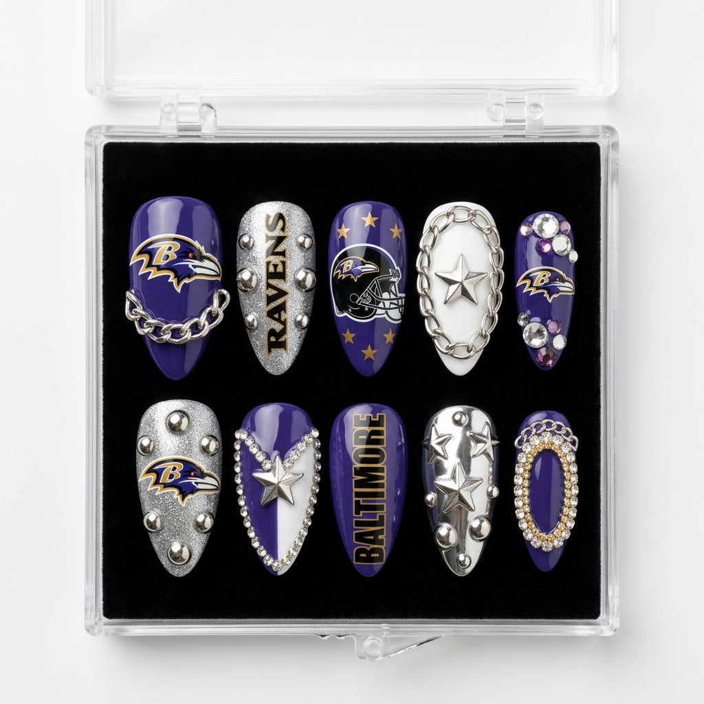 Baltimore Ravens Handmade Press On Nails | Reusable 3D Nail Set