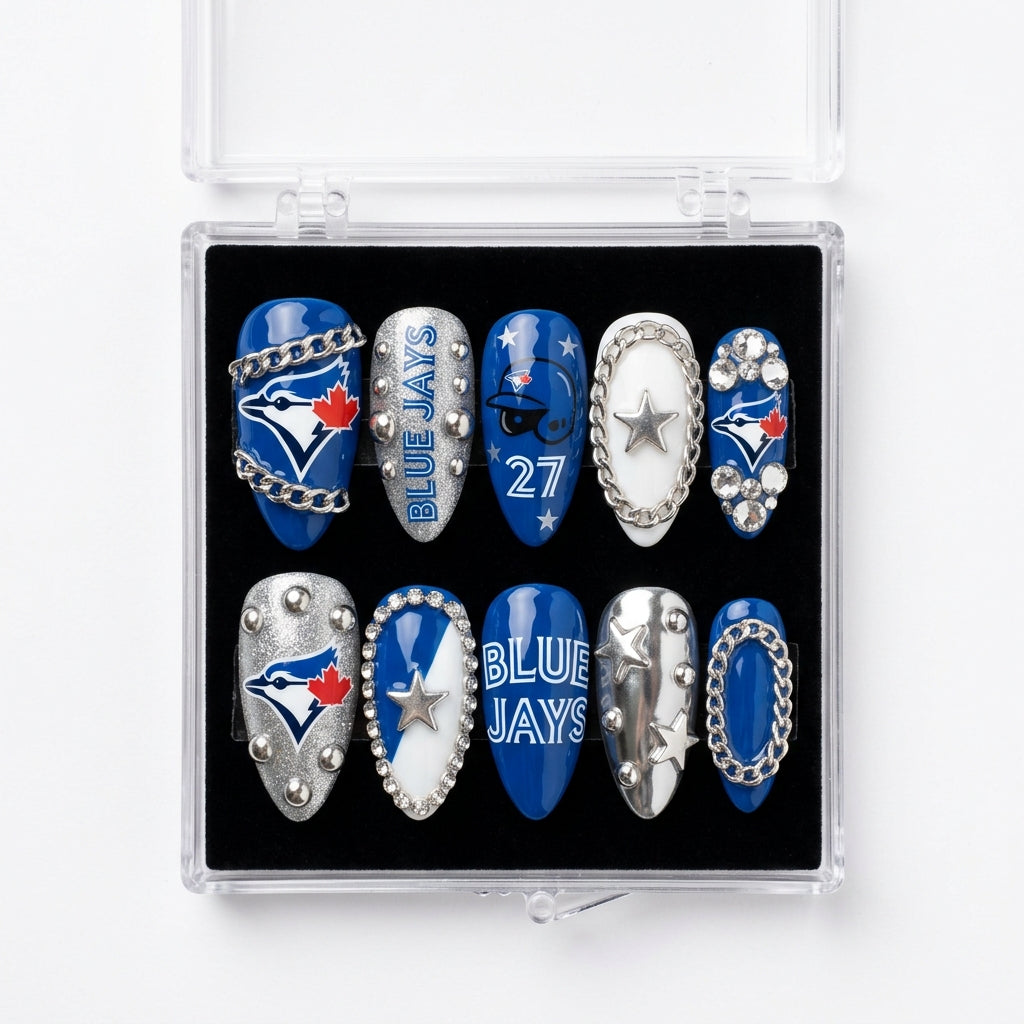 Toronto Blue Jays Handmade Press On Nails | Reusable 3D Nail Set