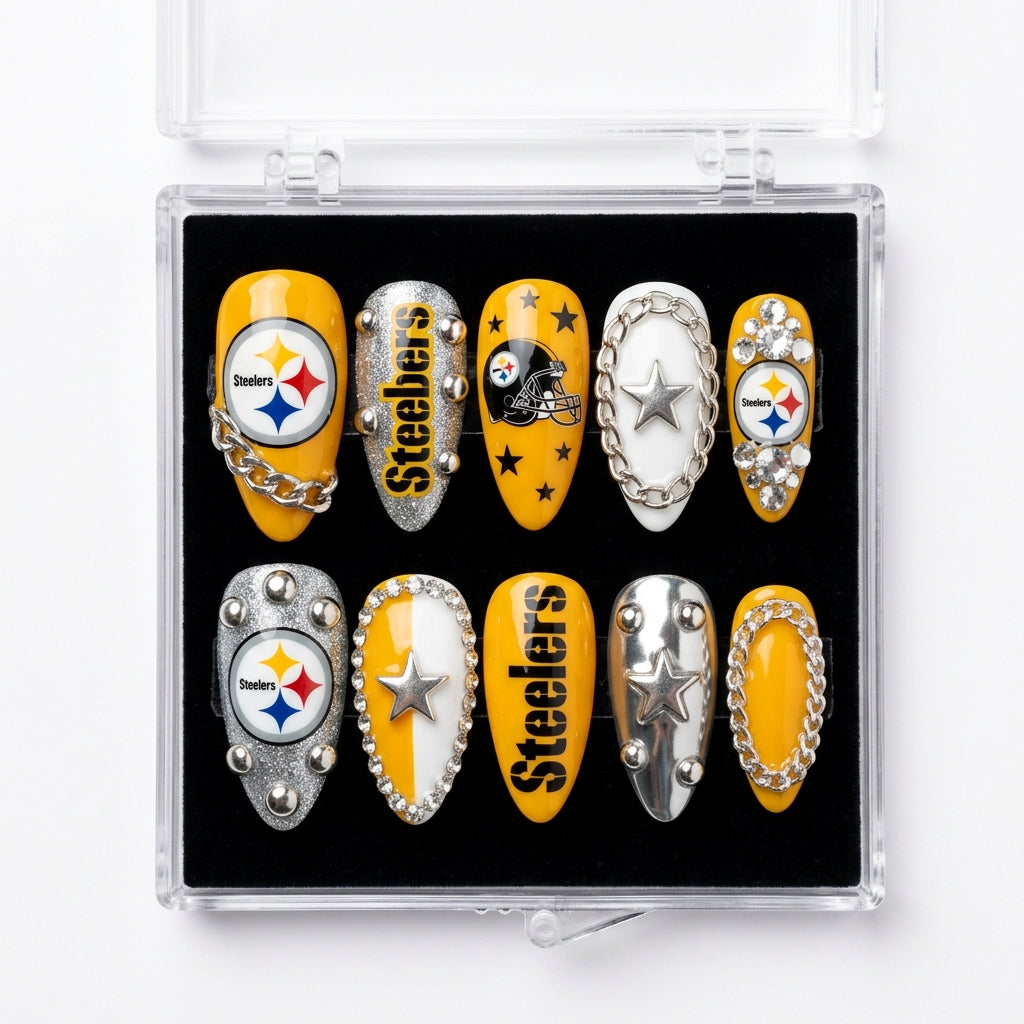 Pittsburgh Steelers Handmade Press On Nails | Reusable 3D Nail Set