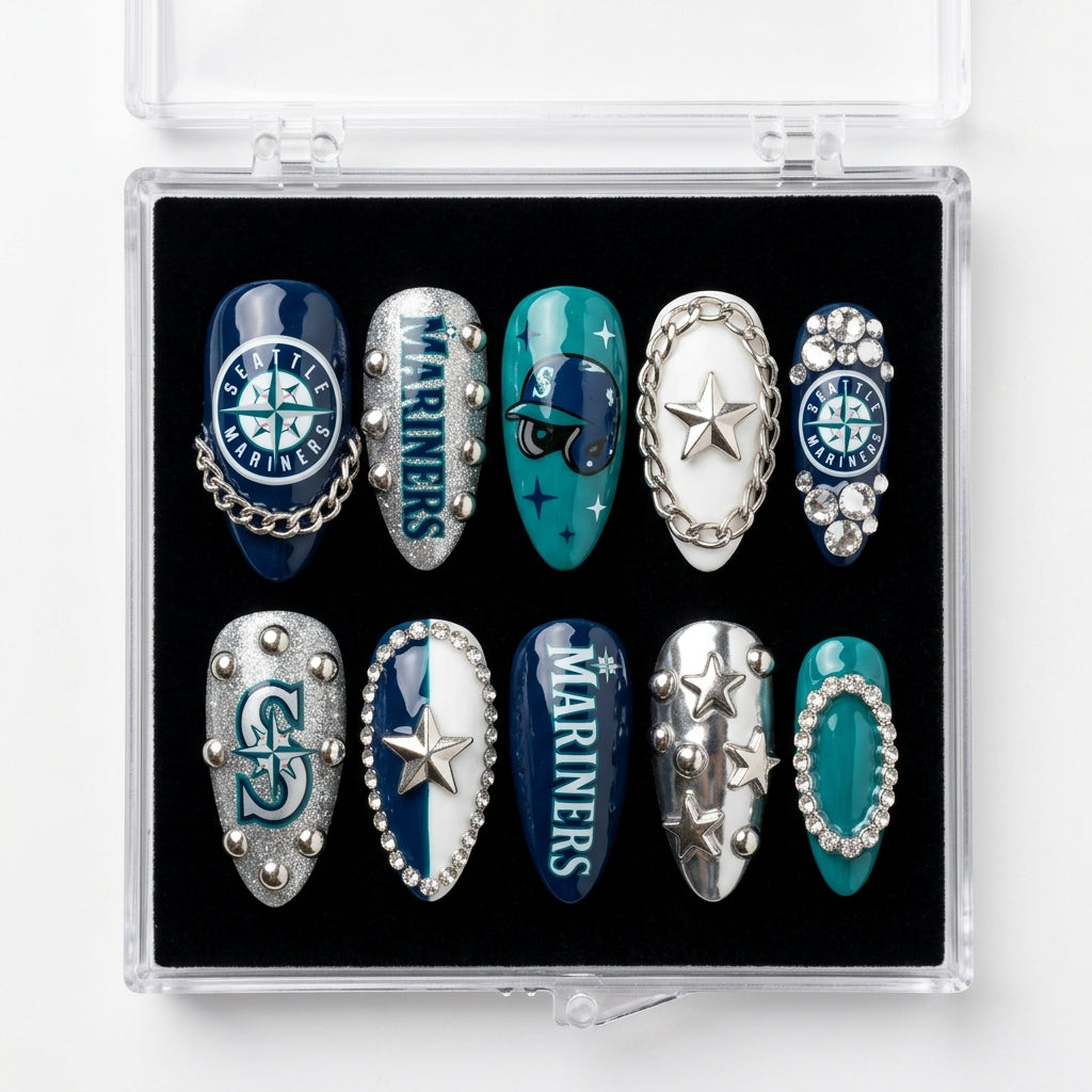Seattle Mariners Handmade Press On Nails | Reusable 3D Nail Set