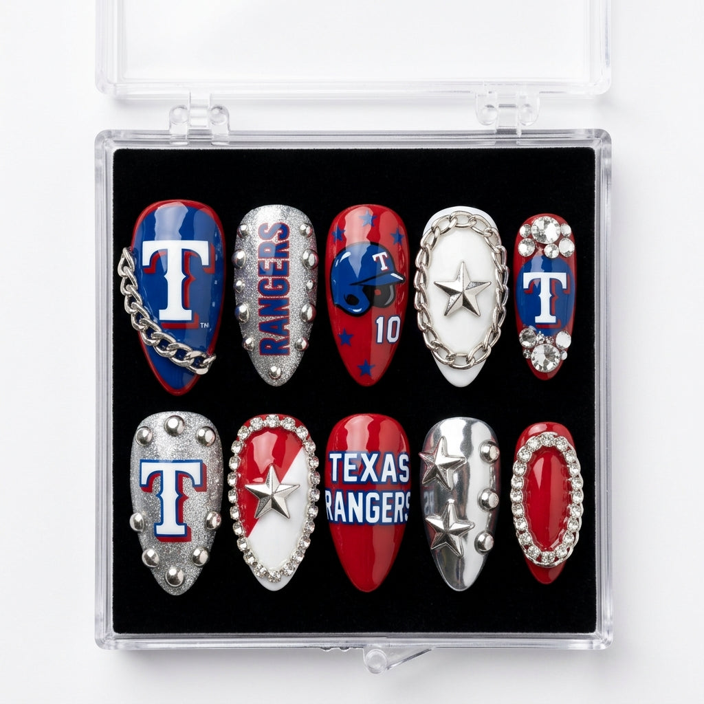 Texas Rangers Handmade Press On Nails | Reusable 3D Nail Set