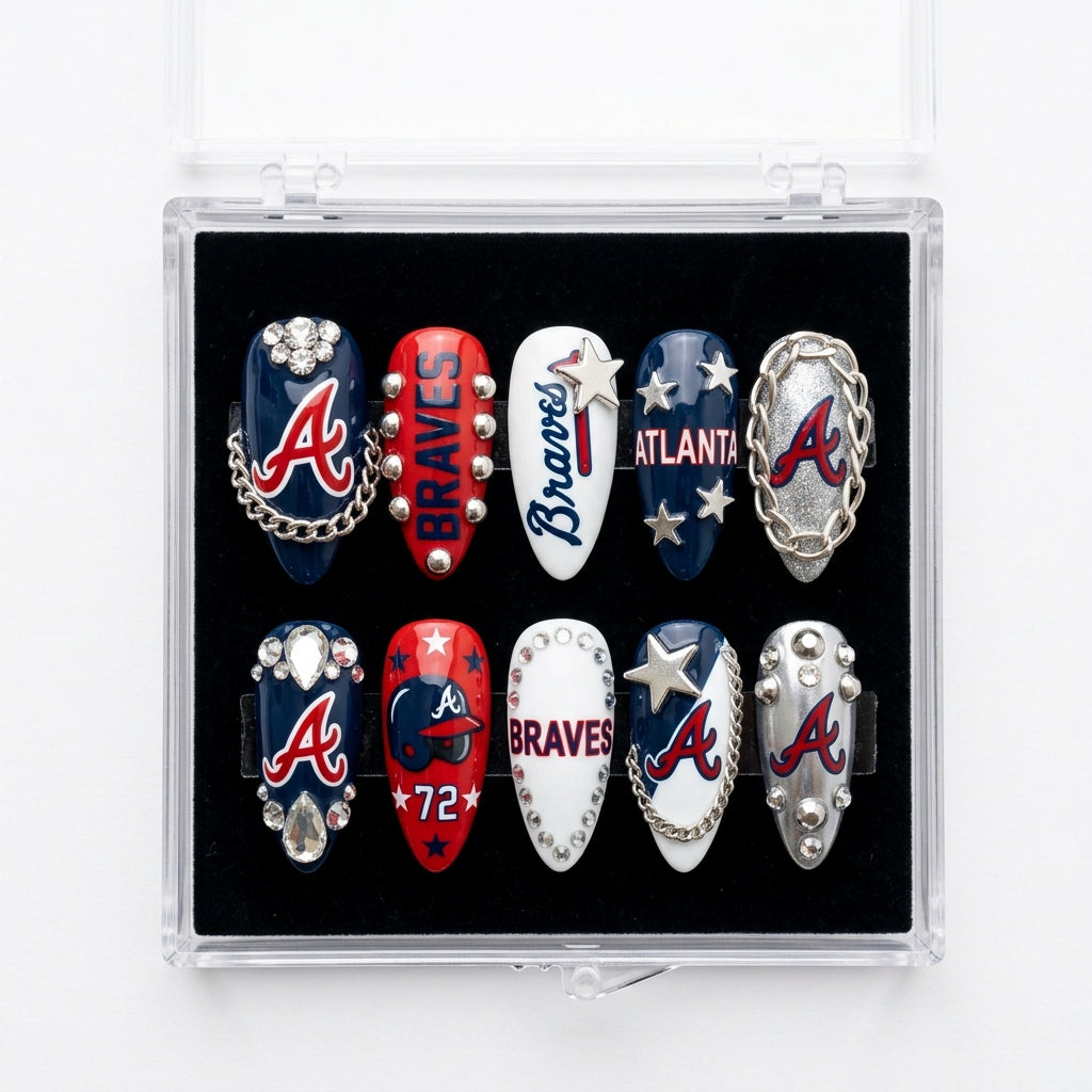 Atlanta Braves Handmade Press On Nails | Reusable 3D Nail Set