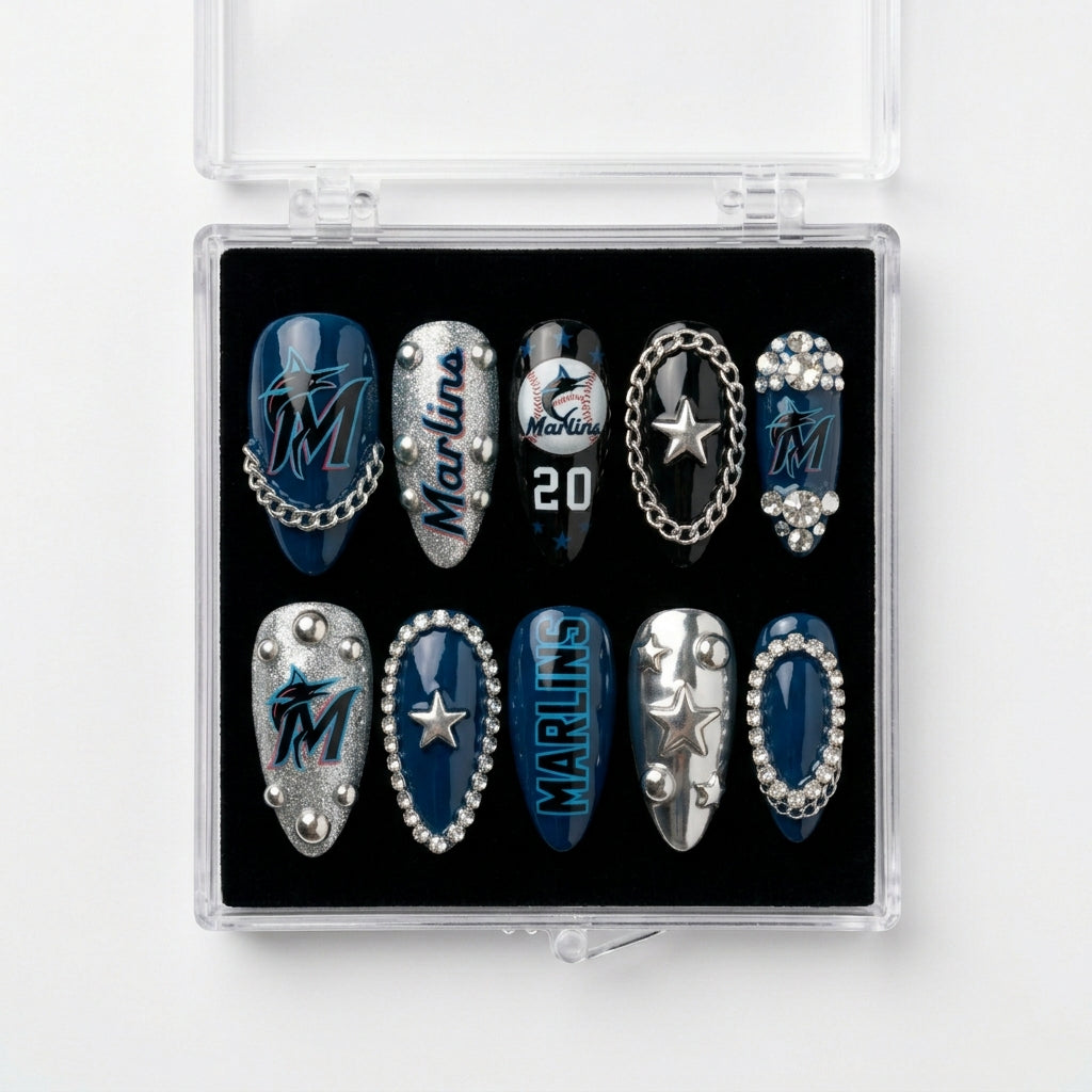 Miami Marlins Handmade Press On Nails | Reusable 3D Nail Set