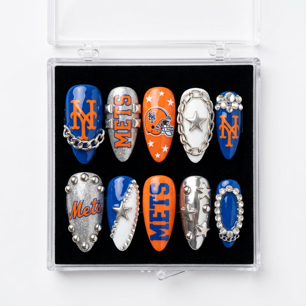 New York Mets Handmade Press On Nails | Reusable 3D Nail Set