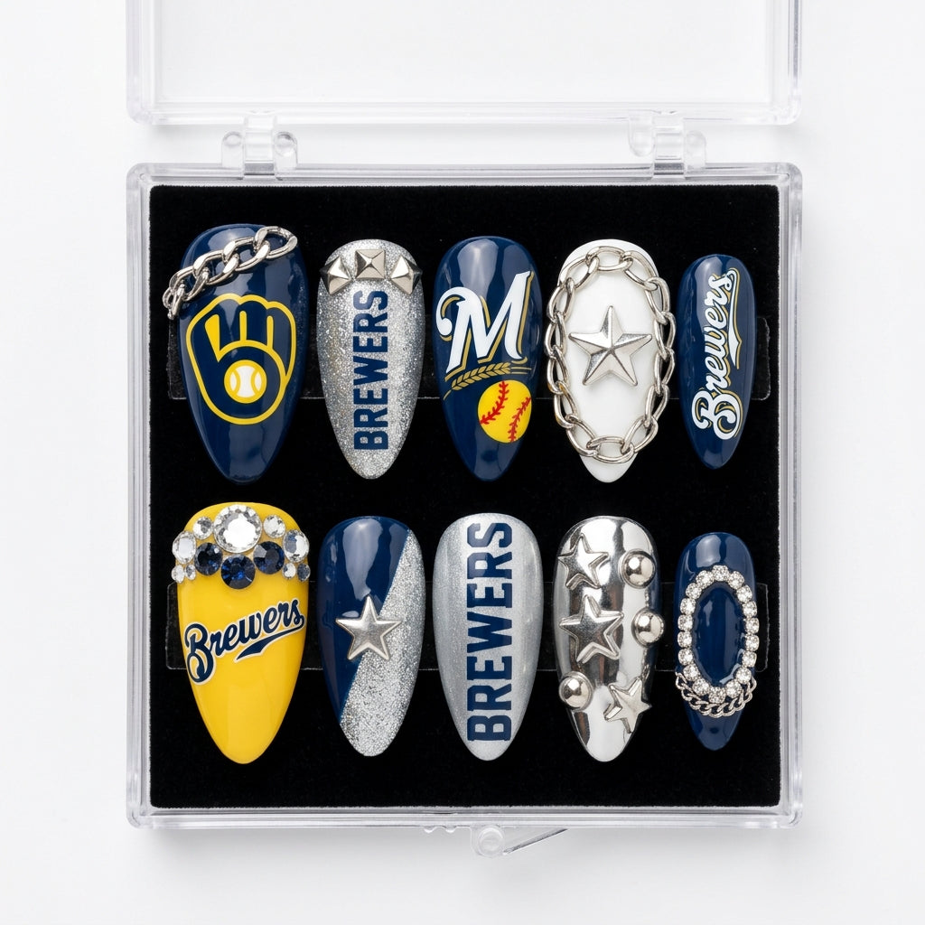 Milwaukee Brewers Handmade Press On Nails | Reusable 3D Nail Set