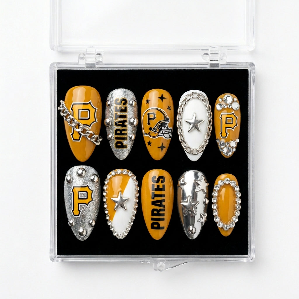 Pittsburgh Pirates Handmade Press On Nails | Reusable 3D Nail Set