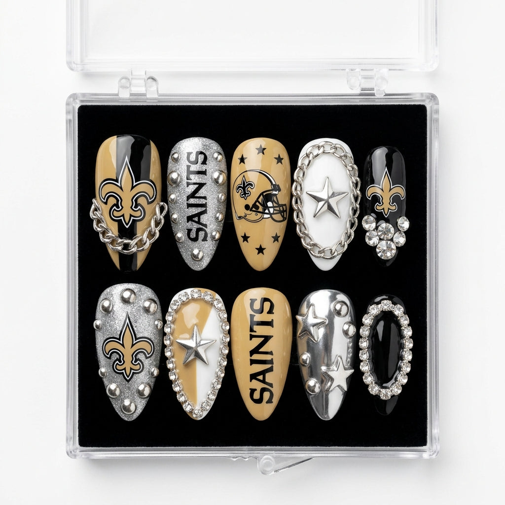 New Orleans Saints Handmade Press On Nails | Reusable 3D Nail Set