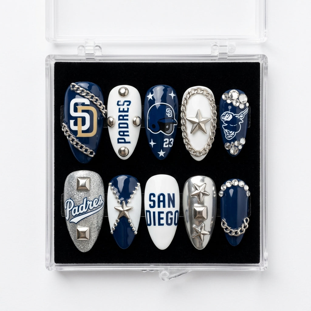 San Diego Padres Handmade Press On Nails | Reusable 3D Nail Set