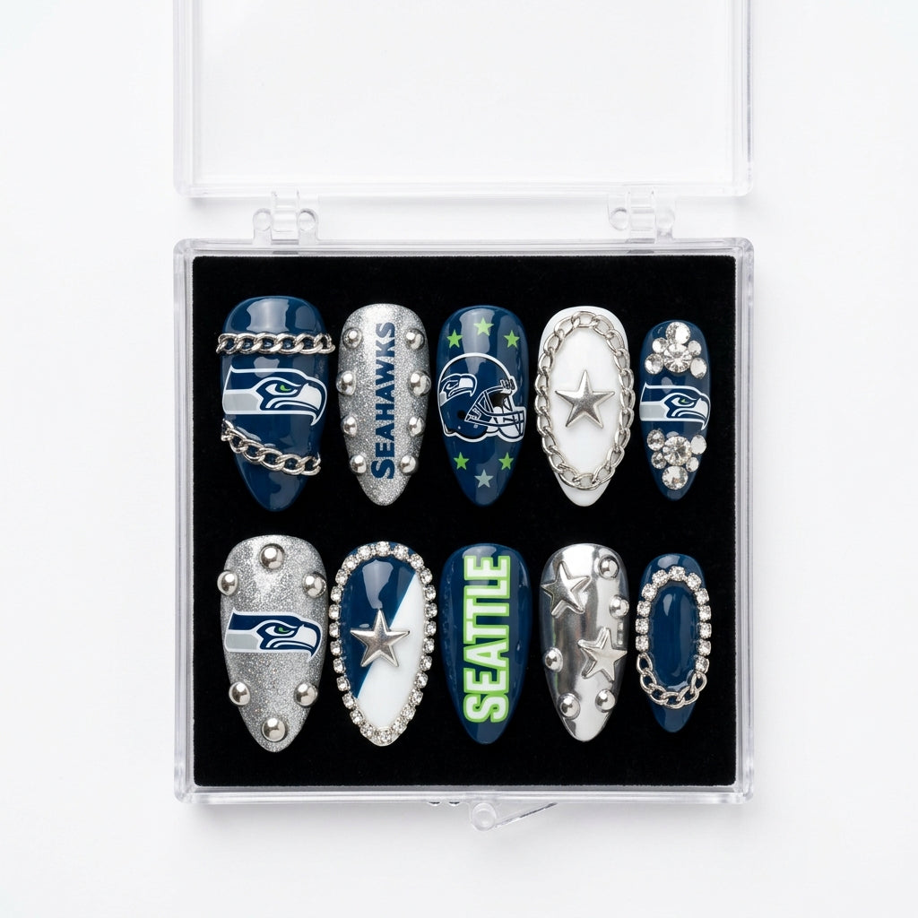 Seattle Seahawks Handmade Press On Nails | Reusable 3D Nail Set