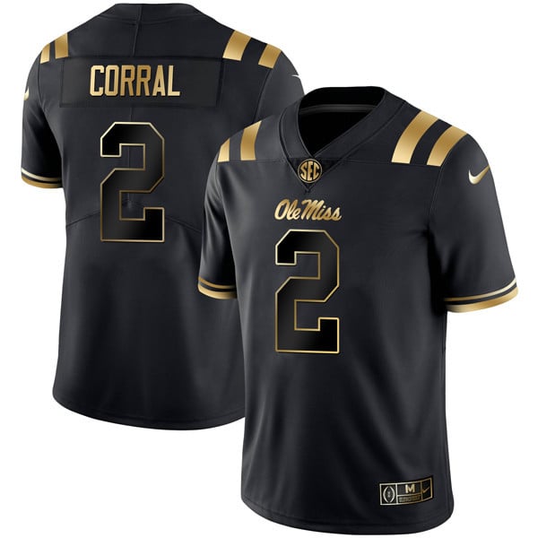 Men’s Ole Miss Rebels Football Black Gold Jersey – All Stitched