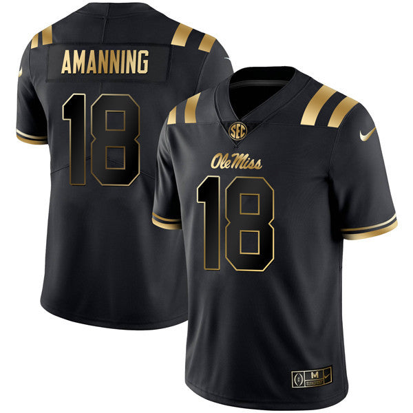 Men’s Ole Miss Rebels Football Black Gold Jersey – All Stitched
