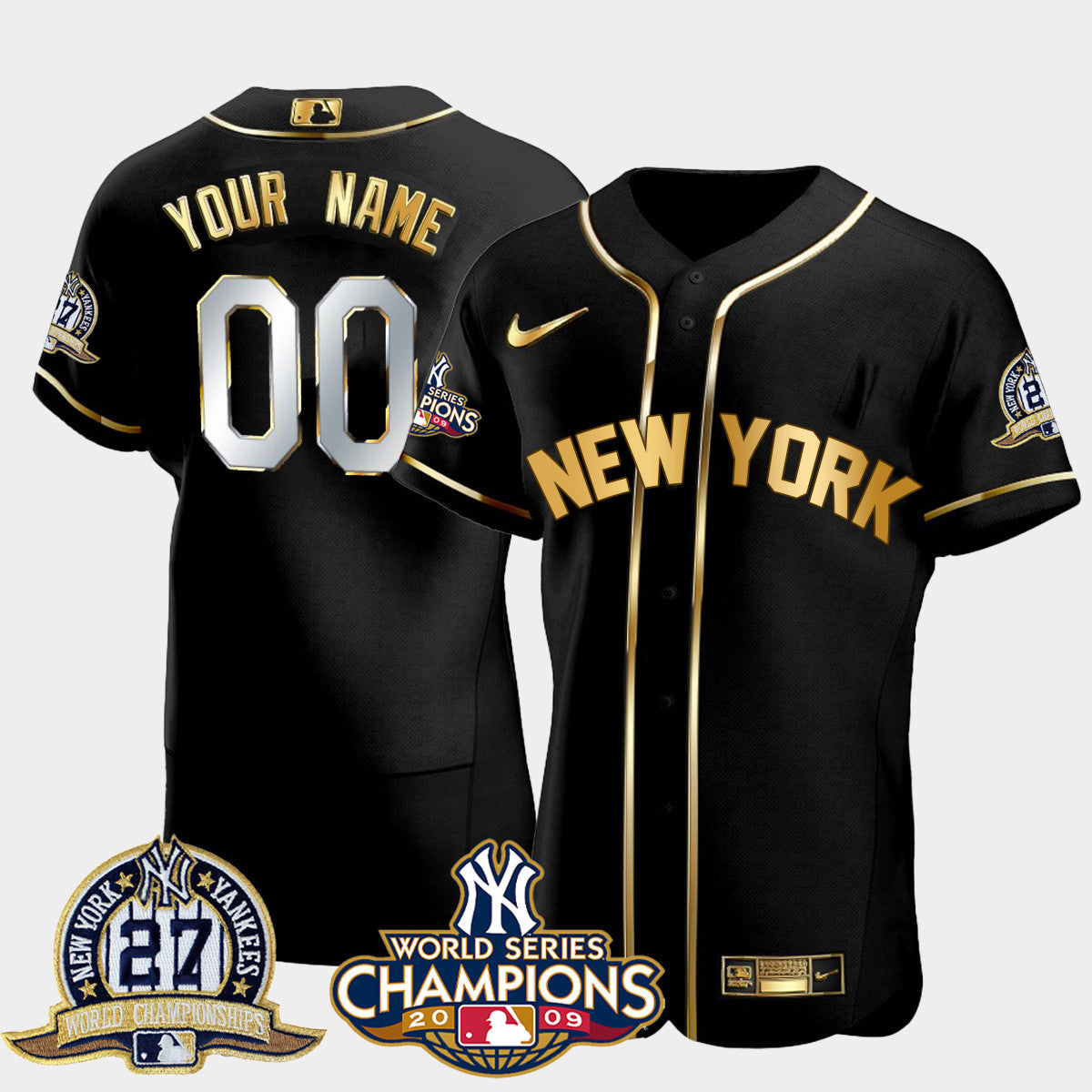 New York Yankees Black Gold 2009 Champions Custom Jersey – All Stitched