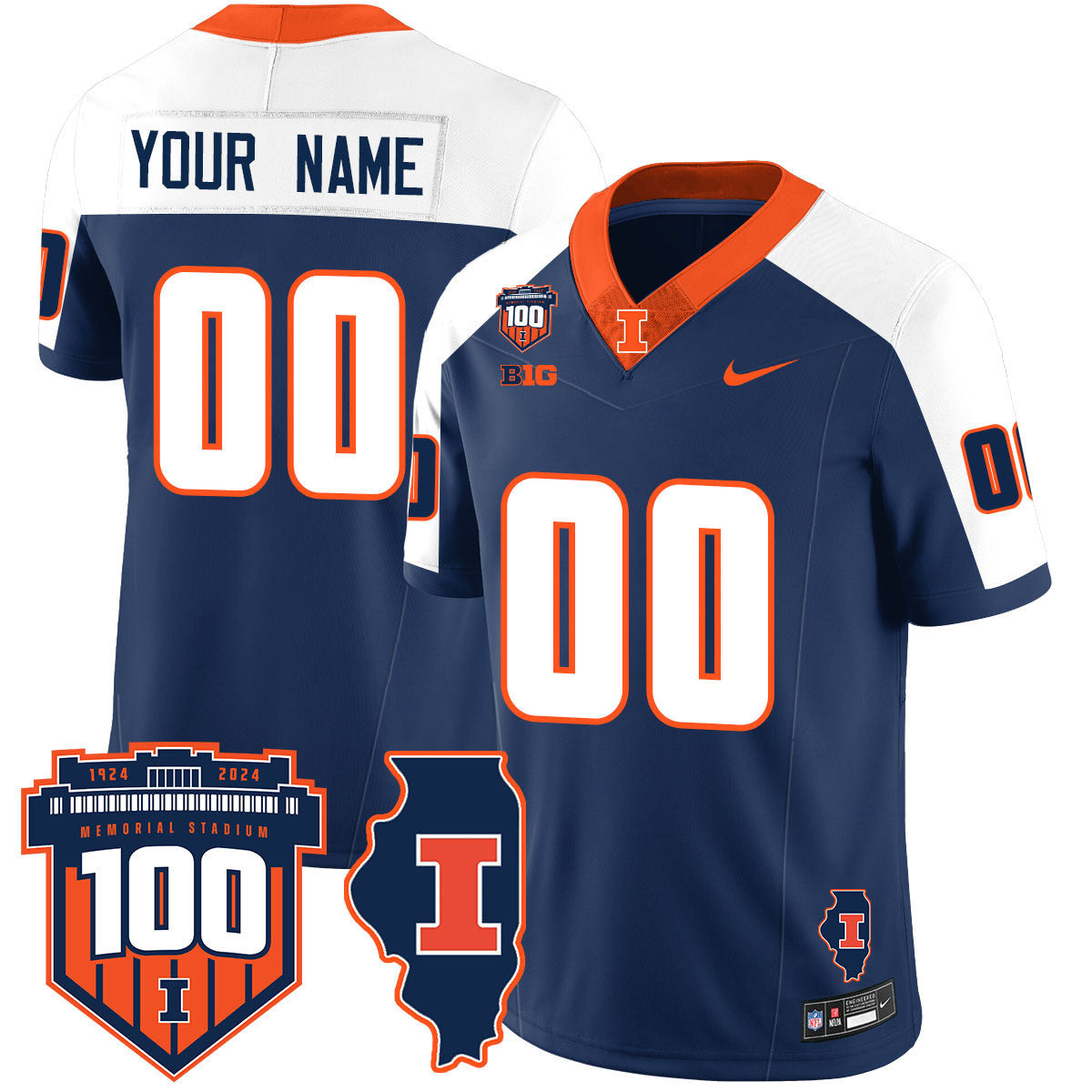 Custom Name/Gender Illinois Football Throwback Jersey - All Stitched