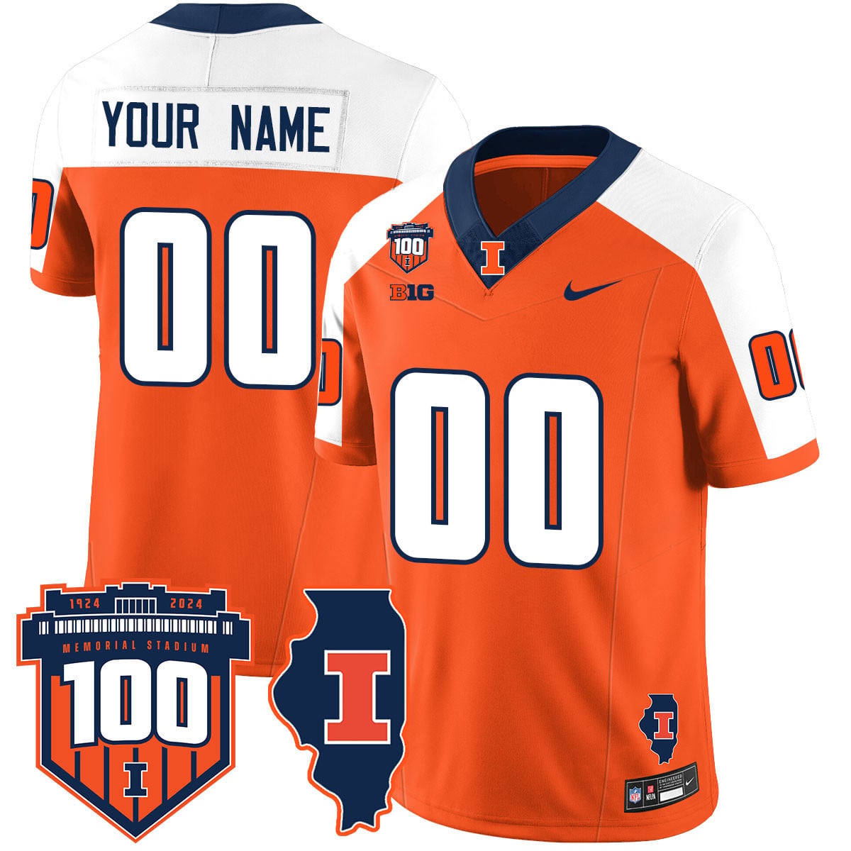Custom Name/Gender Illinois Football Throwback Jersey - All Stitched