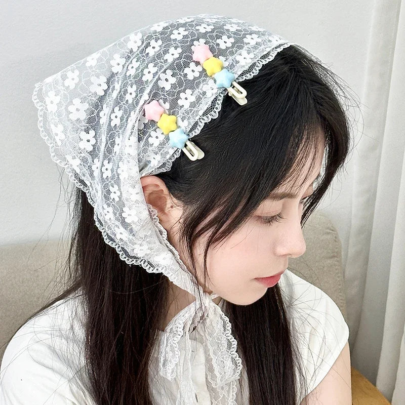 Retro Sweet Flower Triangle Hair Scarf Women Girls Square Scarf Headband Korean French Pastoral Headdress Summer Lace Headwear