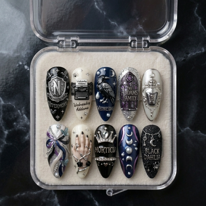 Wednesday Handmade Press On Nails | Reusable 3D Nail Set