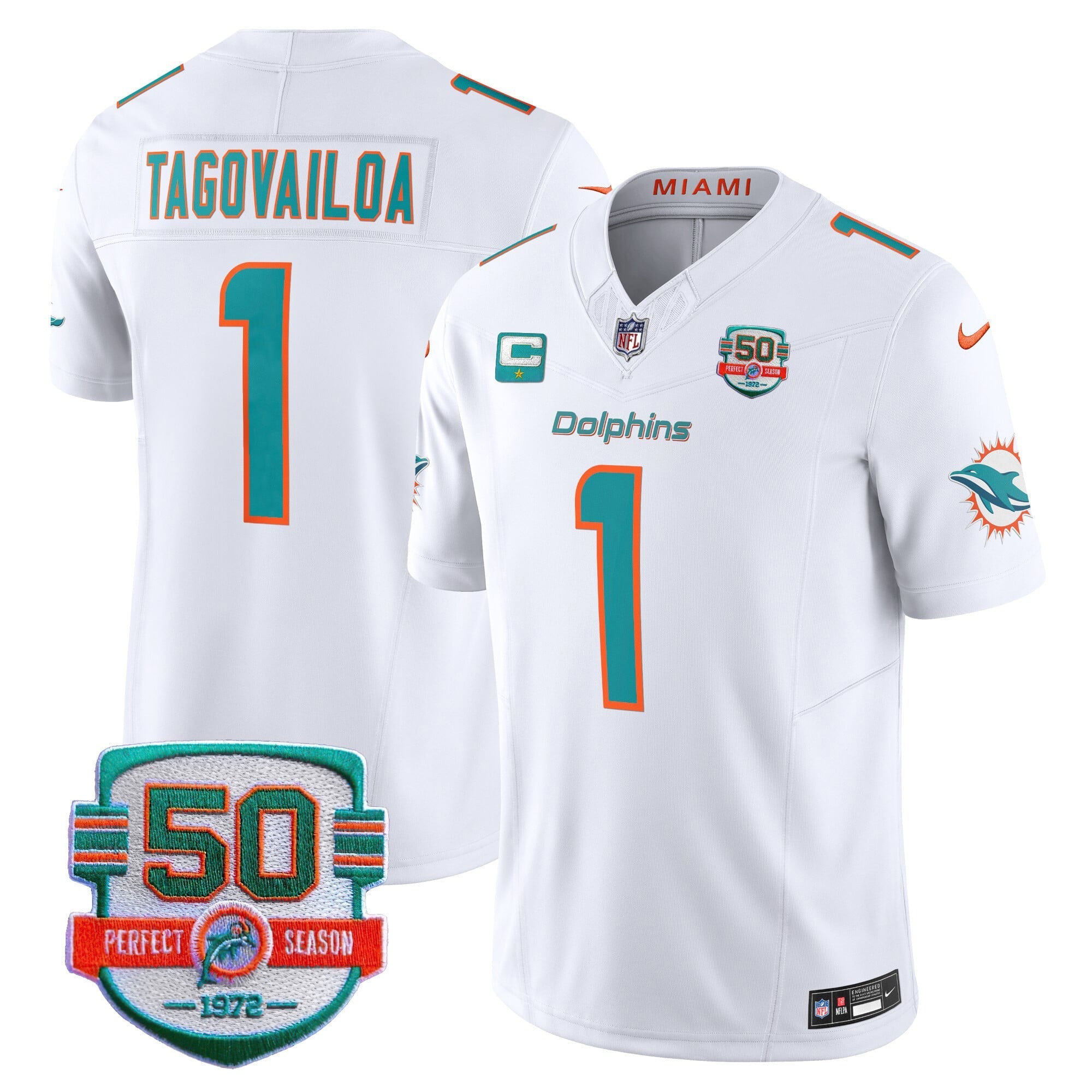 Men's Dolphins 50th 1972 Perfect Season Patch Vapor Jersey - All Stitched