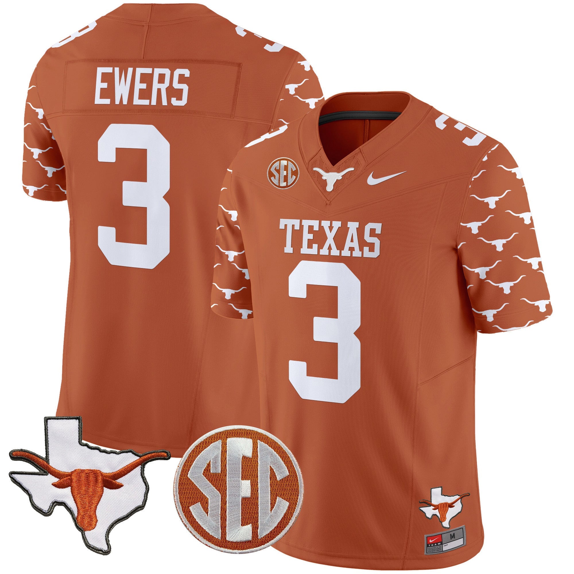 Men's Texas Longhorns State Map & Sec Patch Vapor Limited Jersey V5 - All Stitched