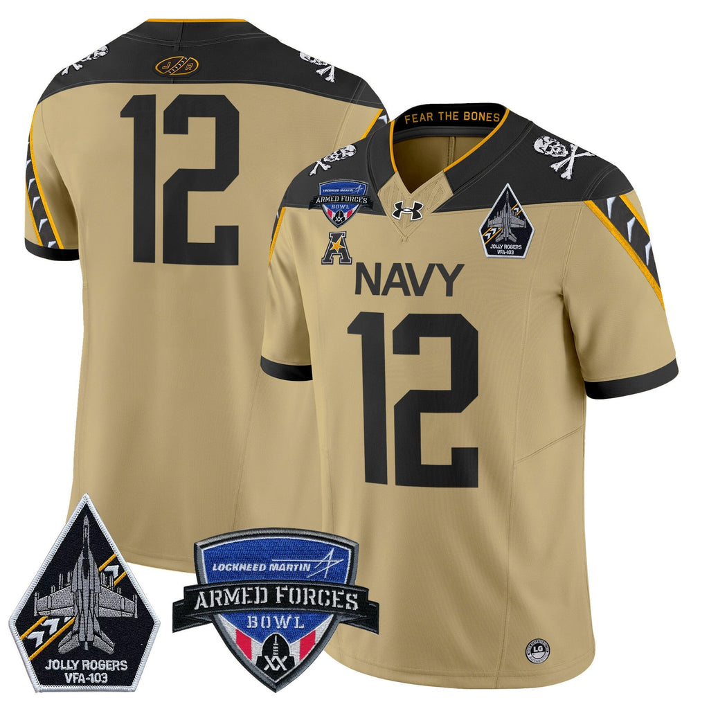 Men's Navy Midshipmen 2025 Armed Forces Bowl Patch Vapor Limited Jersey - All Stitched