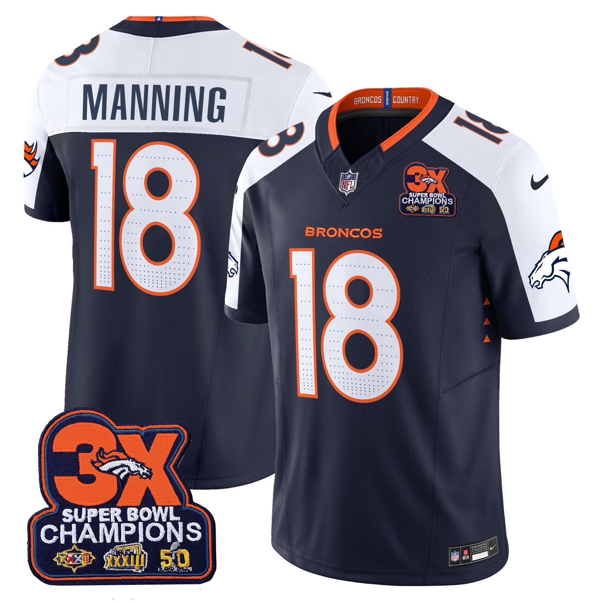 Men's Denver Broncos 3-Time Champions Patch Vapor Limited Jersey - All Stitched