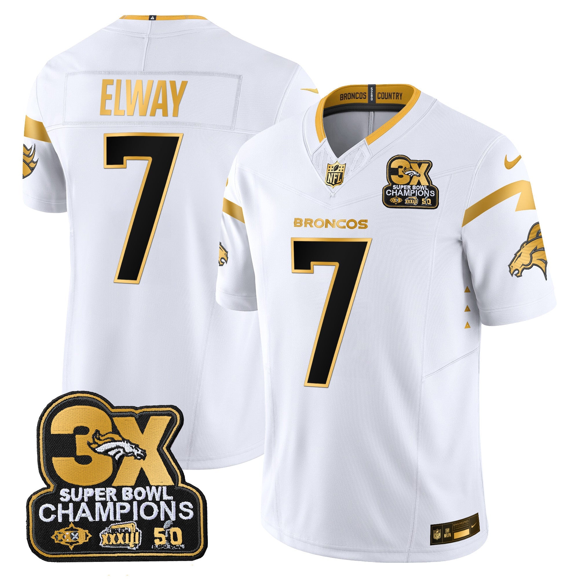 Men's Denver Broncos 3-Time Champions Patch Gold Vapor Limited Jersey - All Stitched
