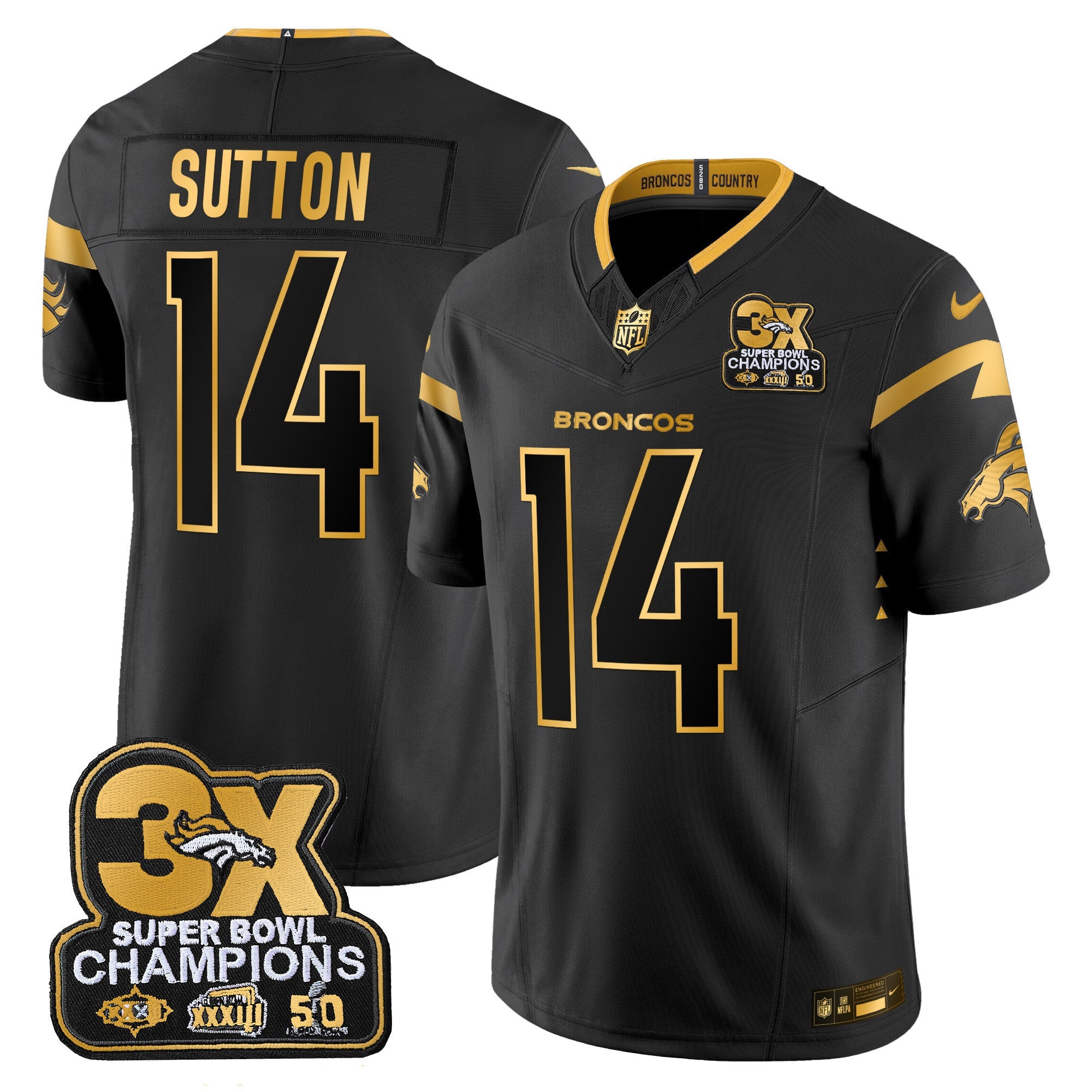 Men's Denver Broncos 3-Time Champions Patch Gold Vapor Limited Jersey - All Stitched