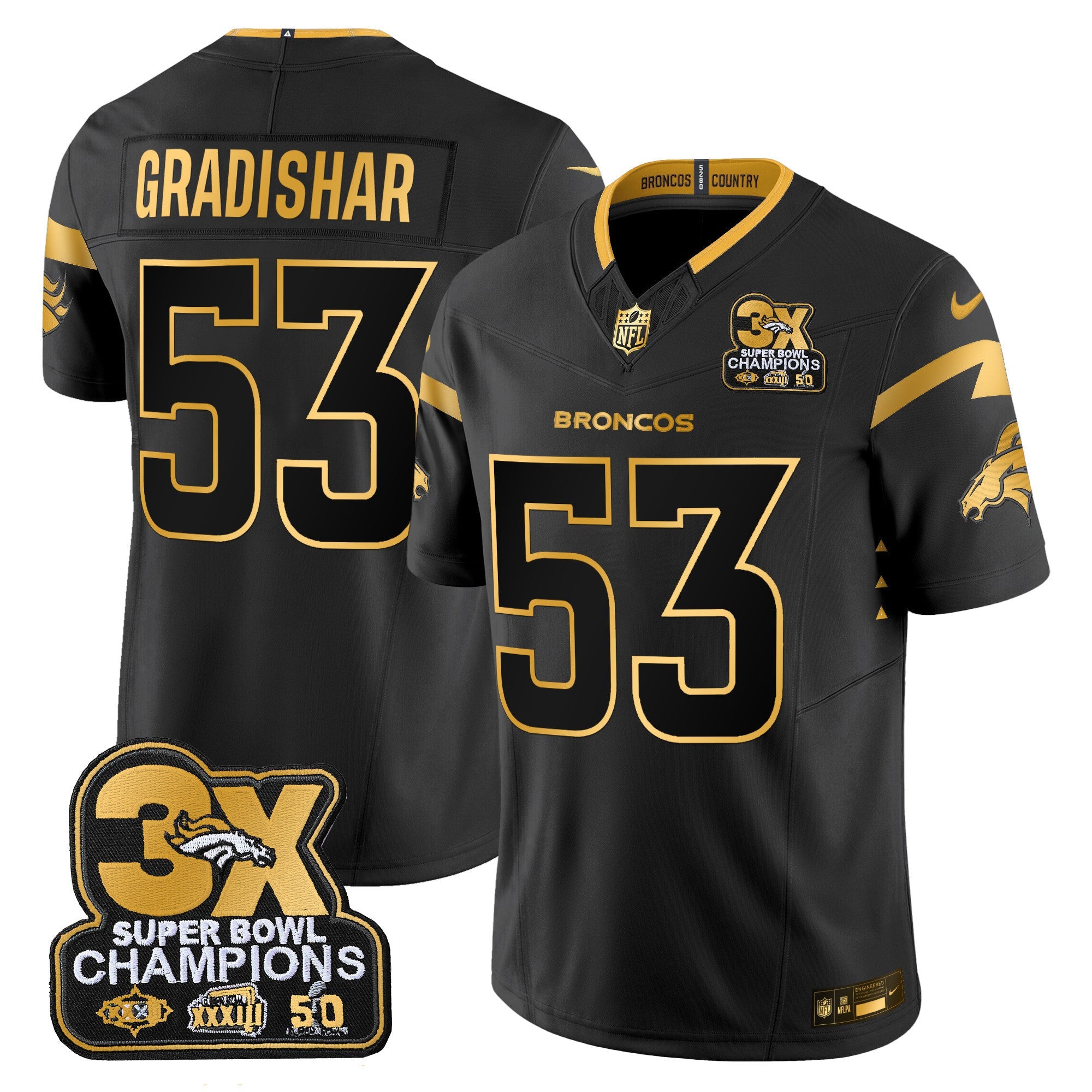 Men's Denver Broncos 3-Time Champions Patch Gold Vapor Limited Jersey - All Stitched