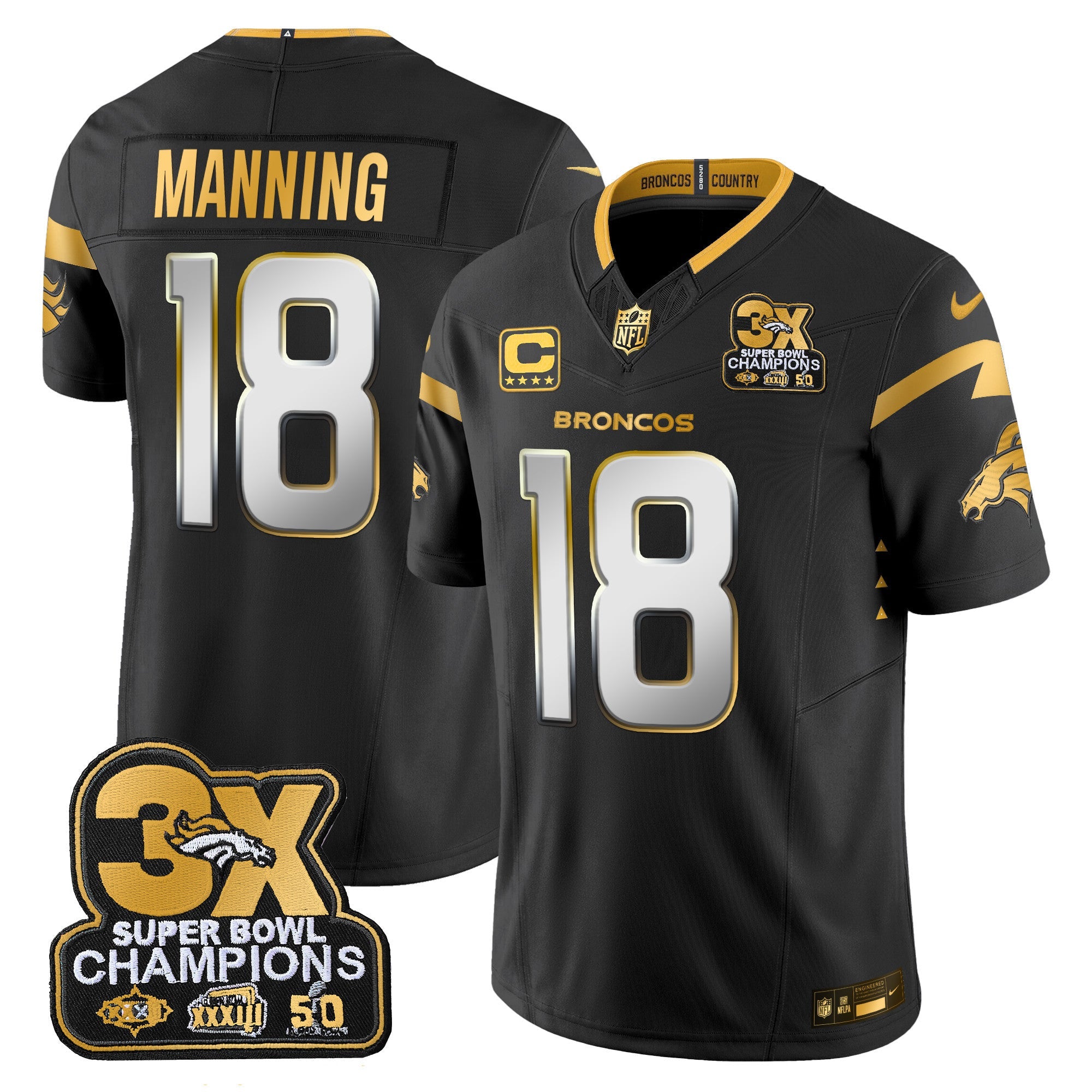 Men's Denver Broncos 3-Time Champions Patch Gold Vapor Limited Jersey - All Stitched