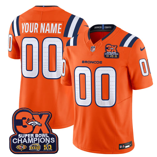 Custom Denver Broncos 3-Time Champions Patch Vapor Limited Jersey V2 - All Stitched