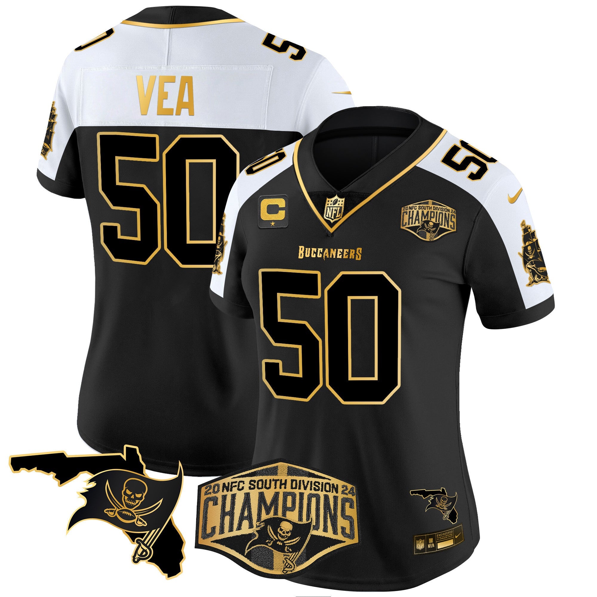 Women's Buccaneers 2024 NFC South Division Champions Patch Gold Vapor Limited Jersey - All Stitched