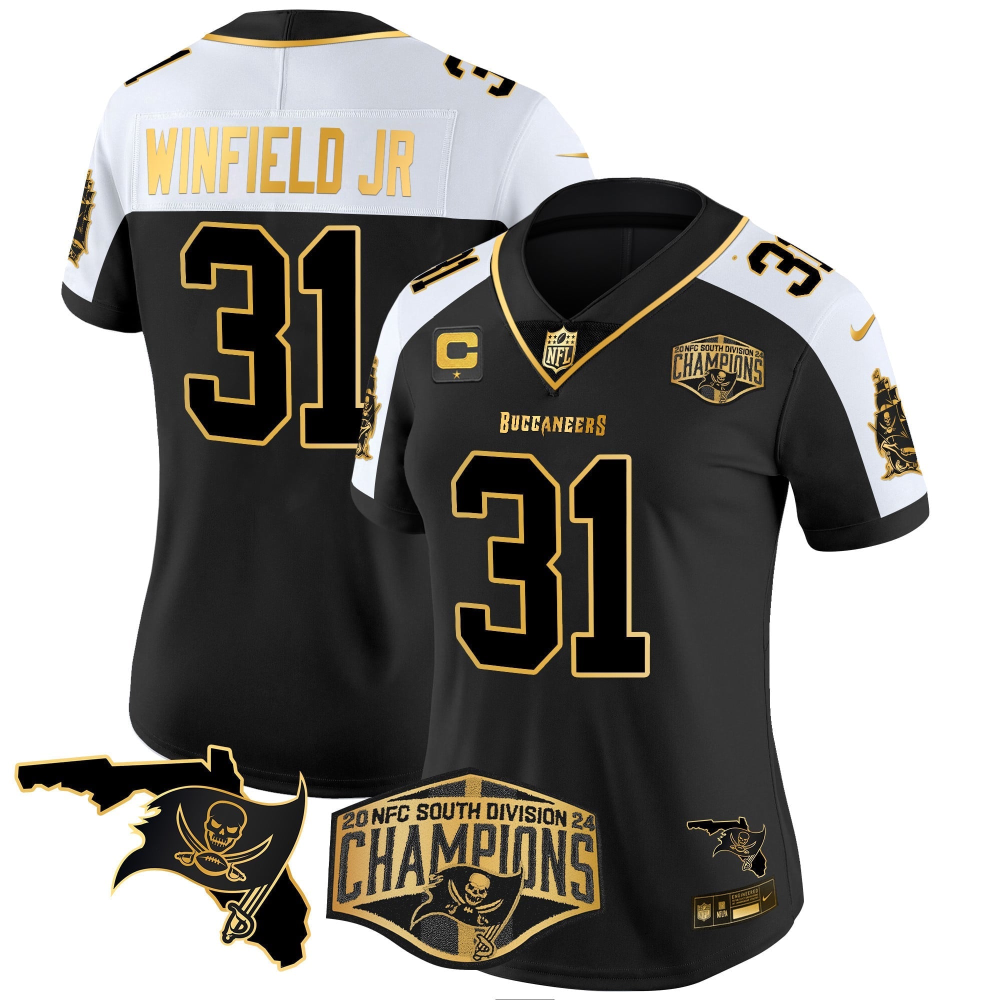 Women's Buccaneers 2024 NFC South Division Champions Patch Gold Vapor Limited Jersey - All Stitched