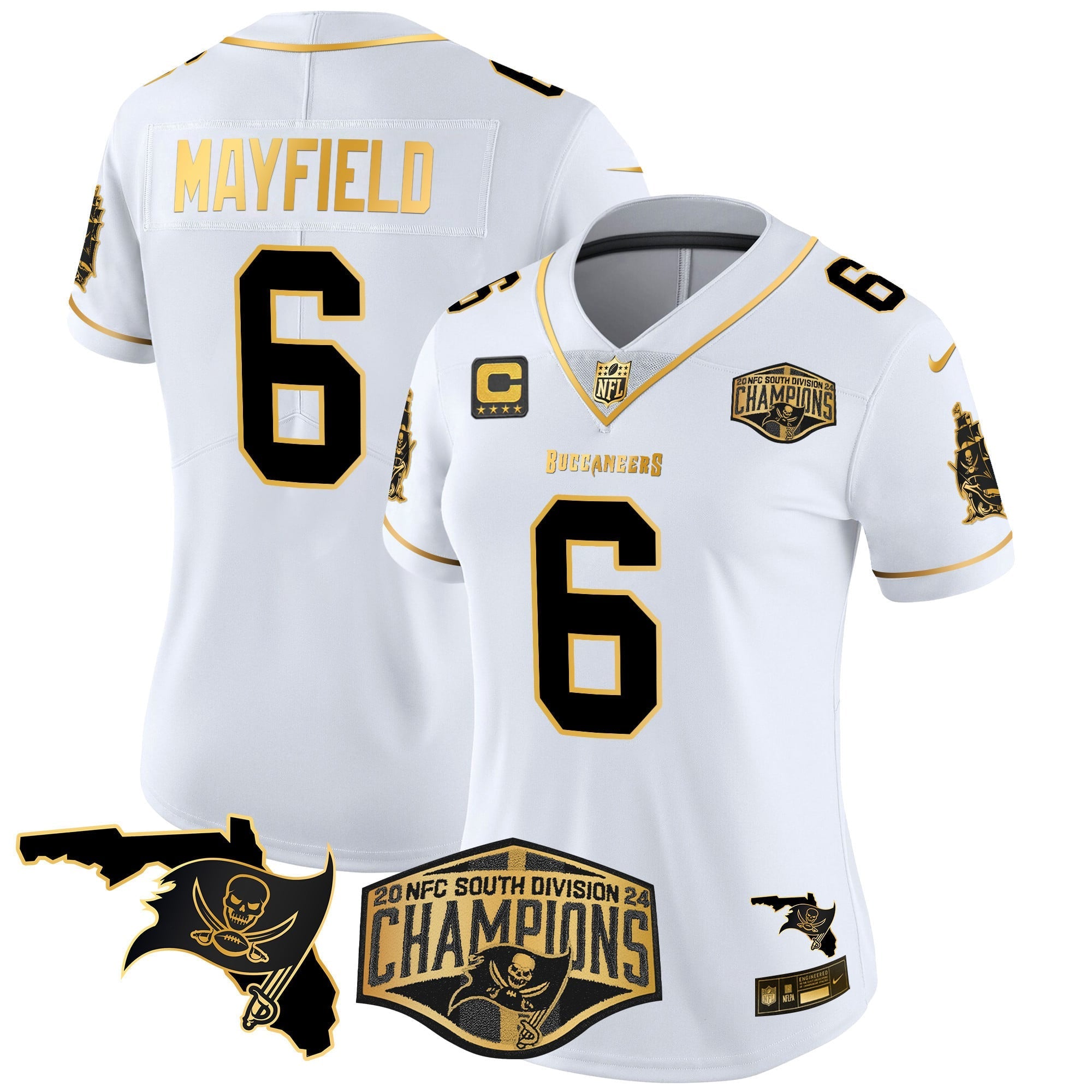Women's Buccaneers 2024 NFC South Division Champions Patch Gold Vapor Limited Jersey - All Stitched