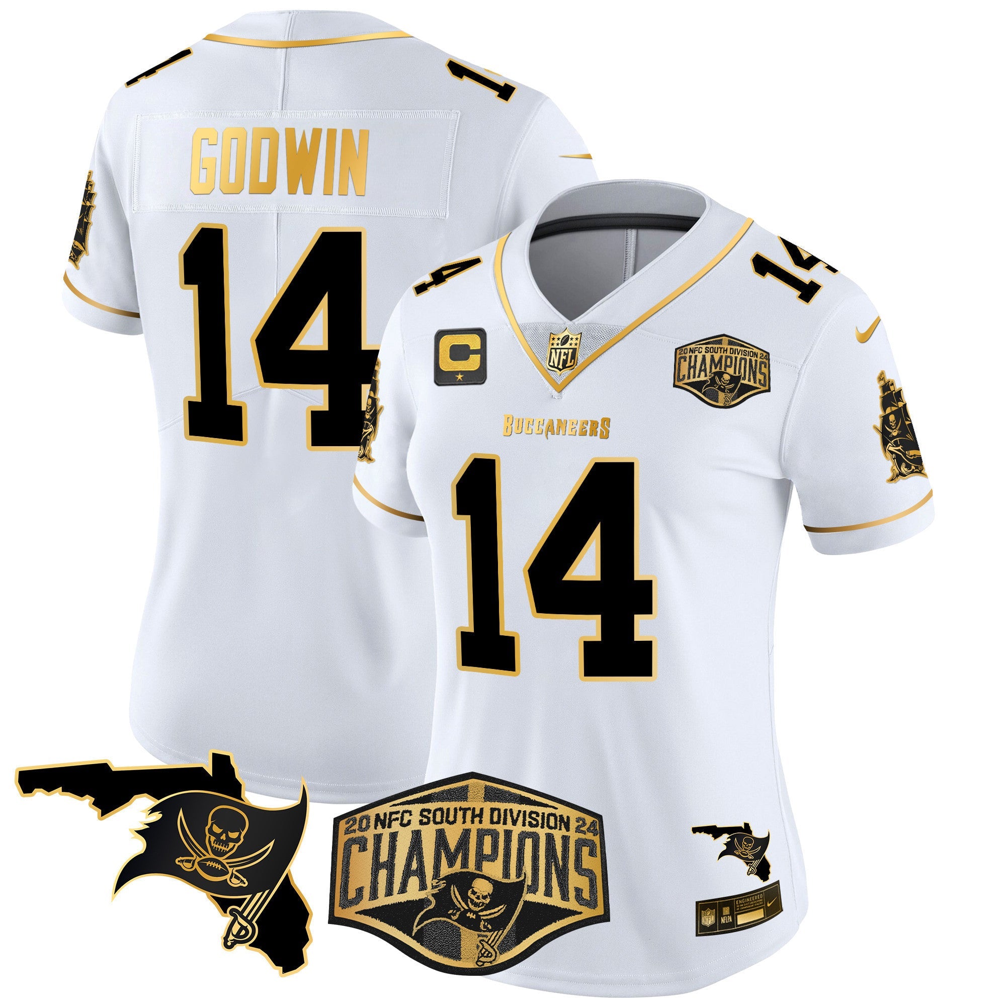 Women's Buccaneers 2024 NFC South Division Champions Patch Gold Vapor Limited Jersey - All Stitched