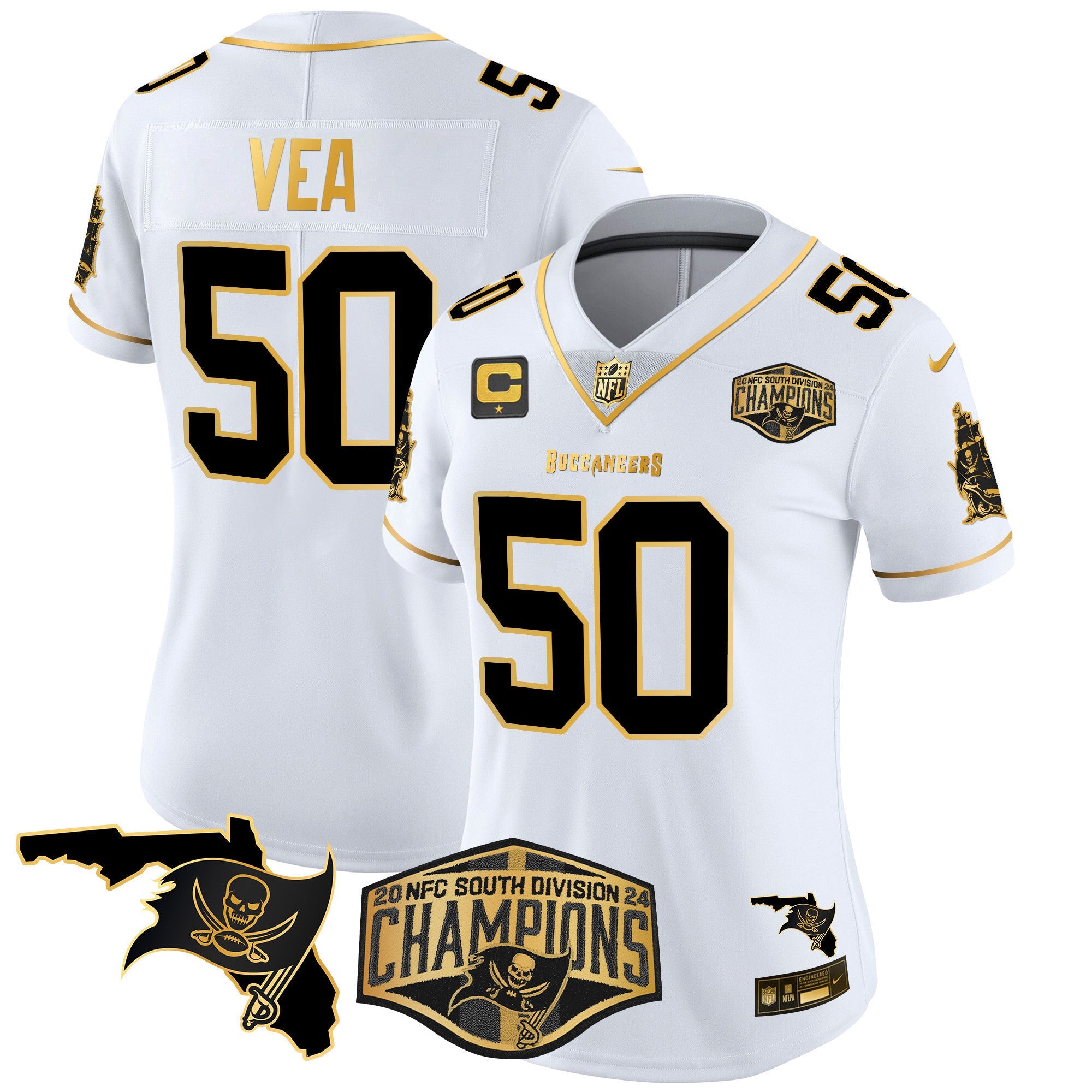 Women's Buccaneers 2024 NFC South Division Champions Patch Gold Vapor Limited Jersey - All Stitched