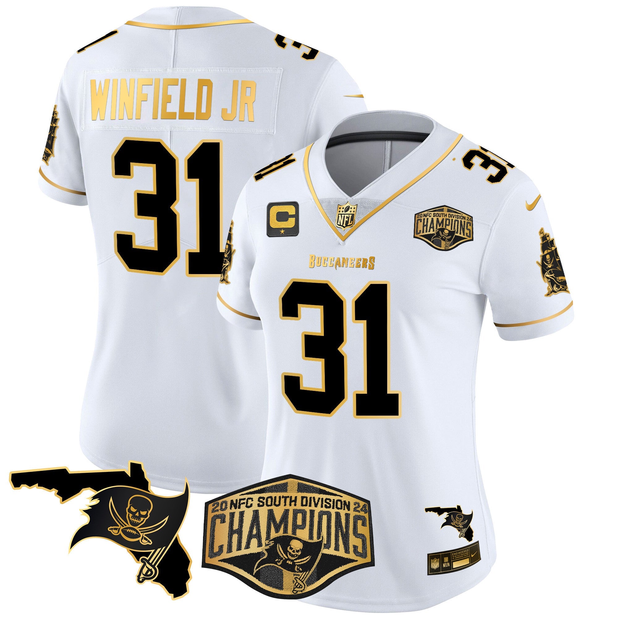 Women's Buccaneers 2024 NFC South Division Champions Patch Gold Vapor Limited Jersey - All Stitched
