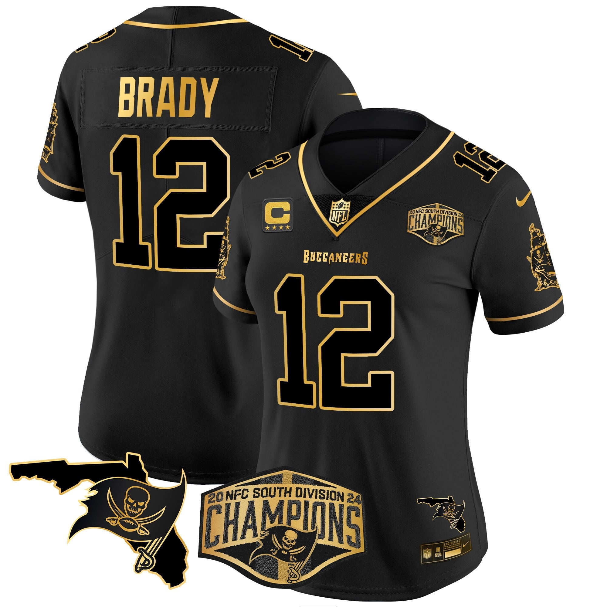 Women's Buccaneers 2024 NFC South Division Champions Patch Gold Vapor Limited Jersey - All Stitched