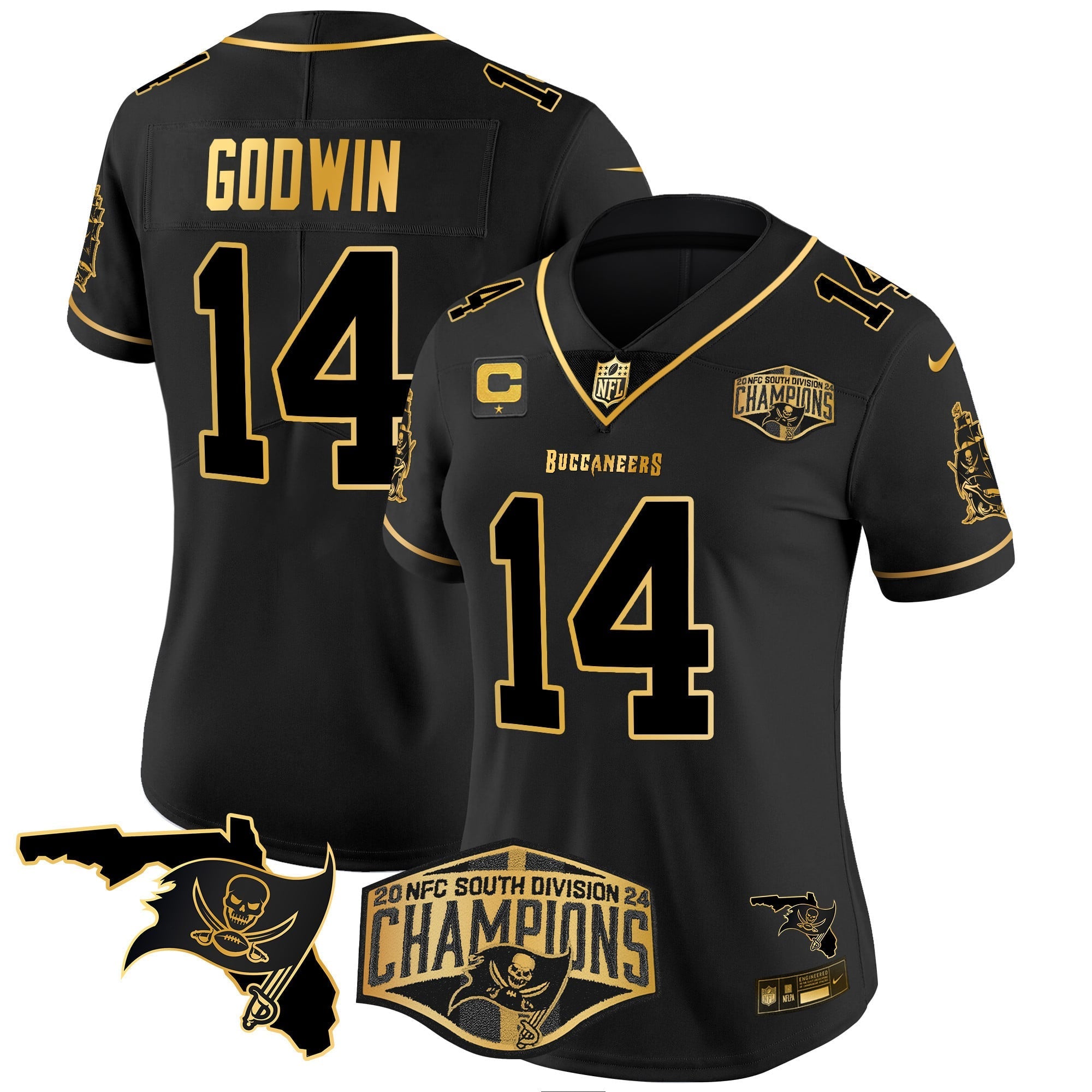 Women's Buccaneers 2024 NFC South Division Champions Patch Gold Vapor Limited Jersey - All Stitched