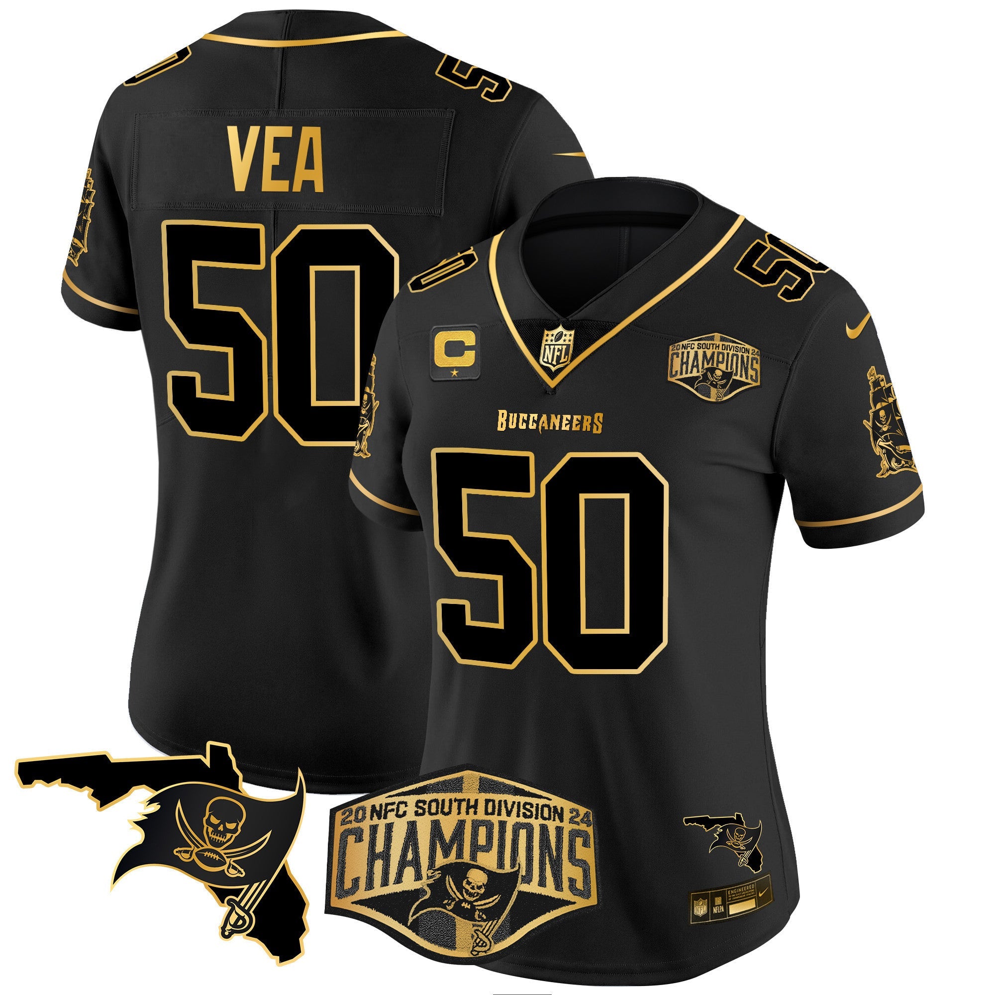 Women's Buccaneers 2024 NFC South Division Champions Patch Gold Vapor Limited Jersey - All Stitched