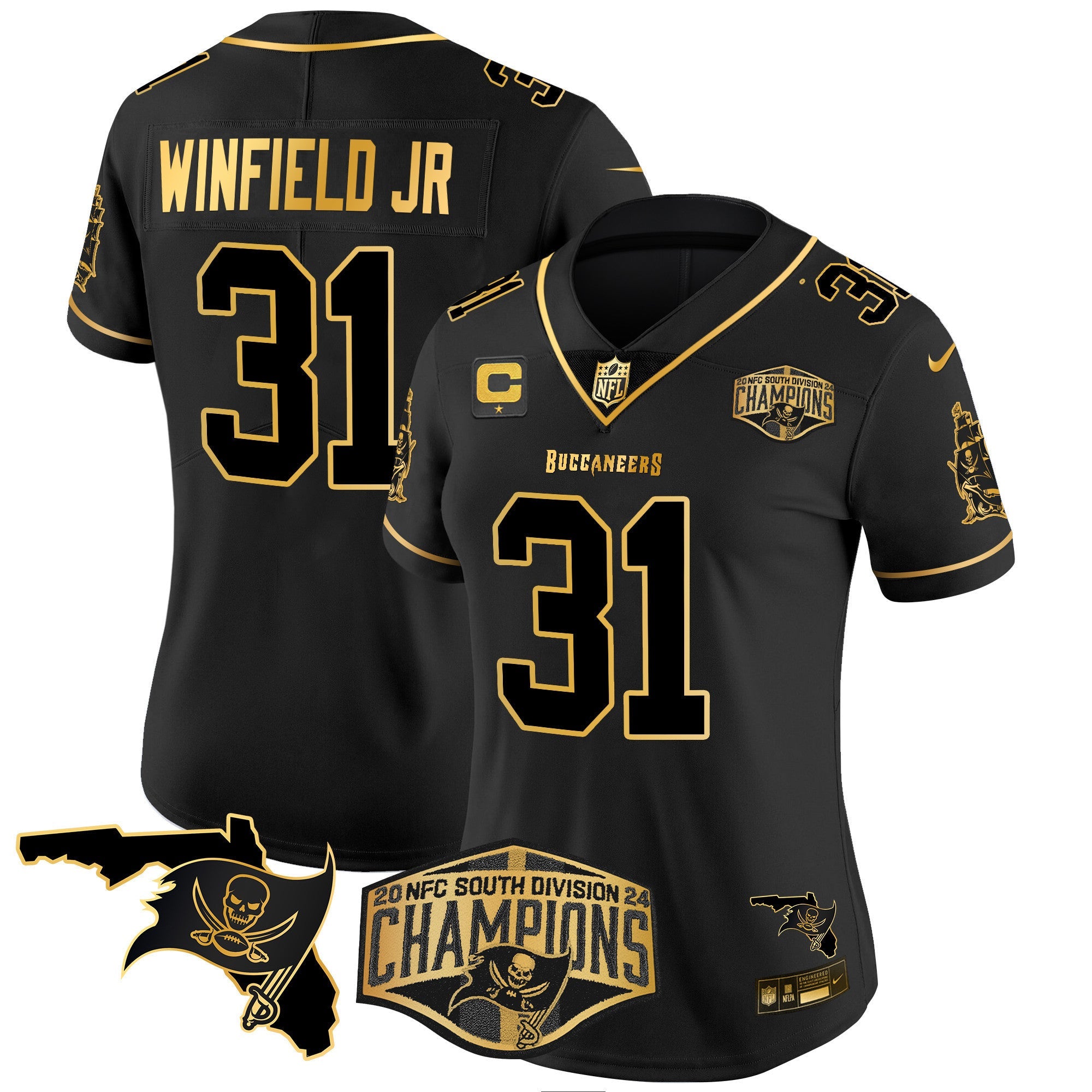 Women's Buccaneers 2024 NFC South Division Champions Patch Gold Vapor Limited Jersey - All Stitched