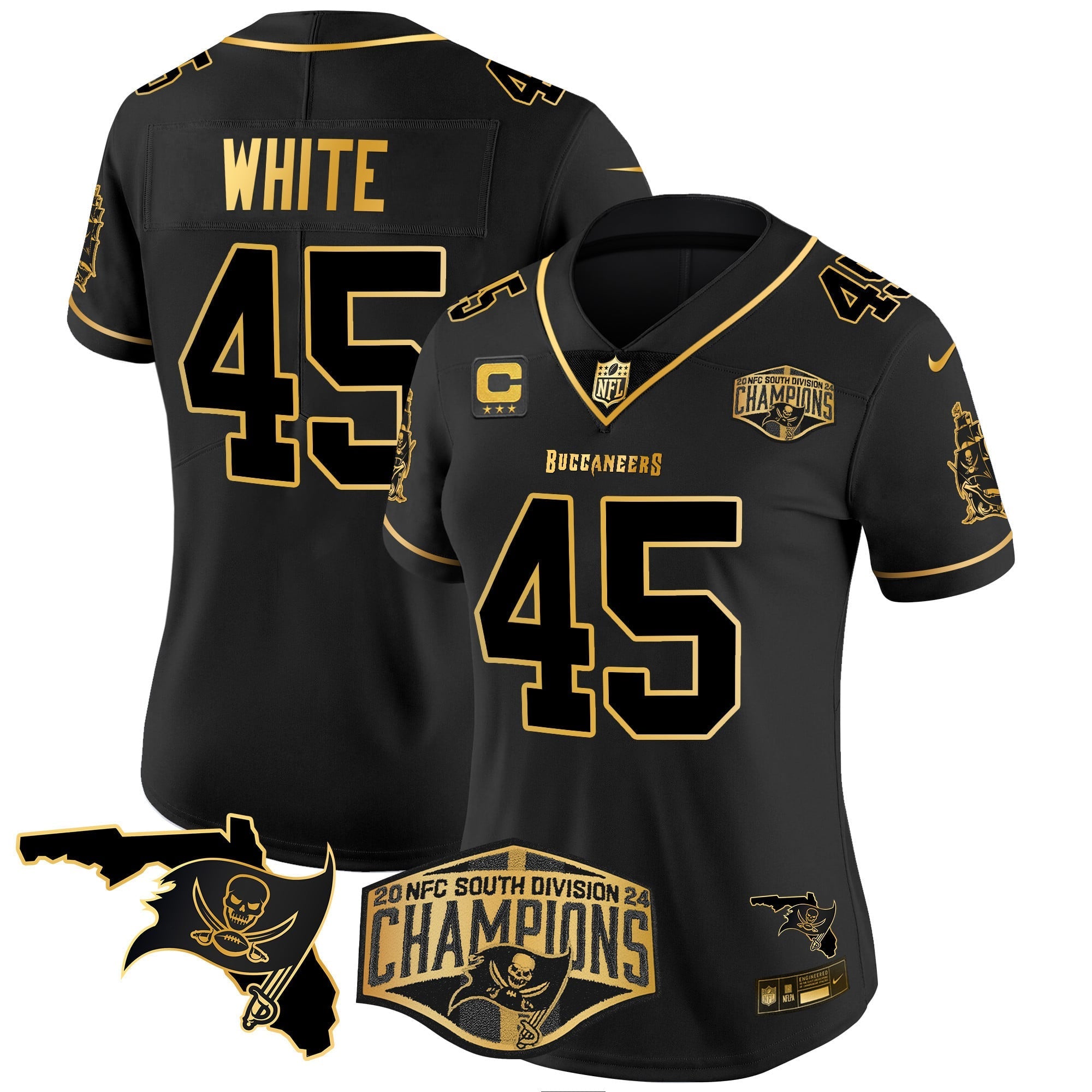 Women's Buccaneers 2024 NFC South Division Champions Patch Gold Vapor Limited Jersey - All Stitched