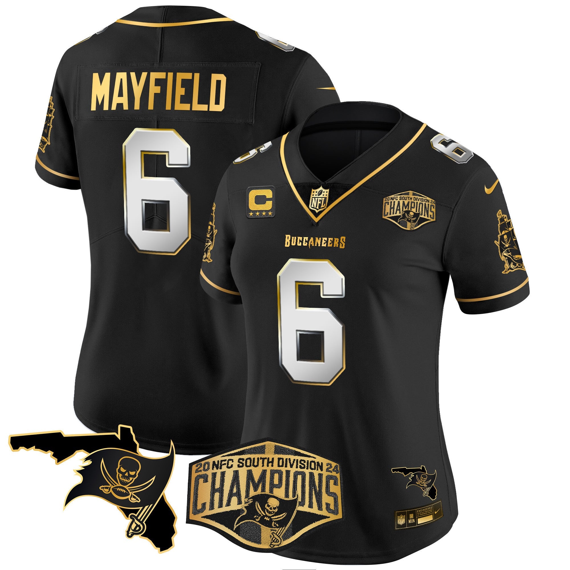 Women's Buccaneers 2024 NFC South Division Champions Patch Gold Vapor Limited Jersey - All Stitched