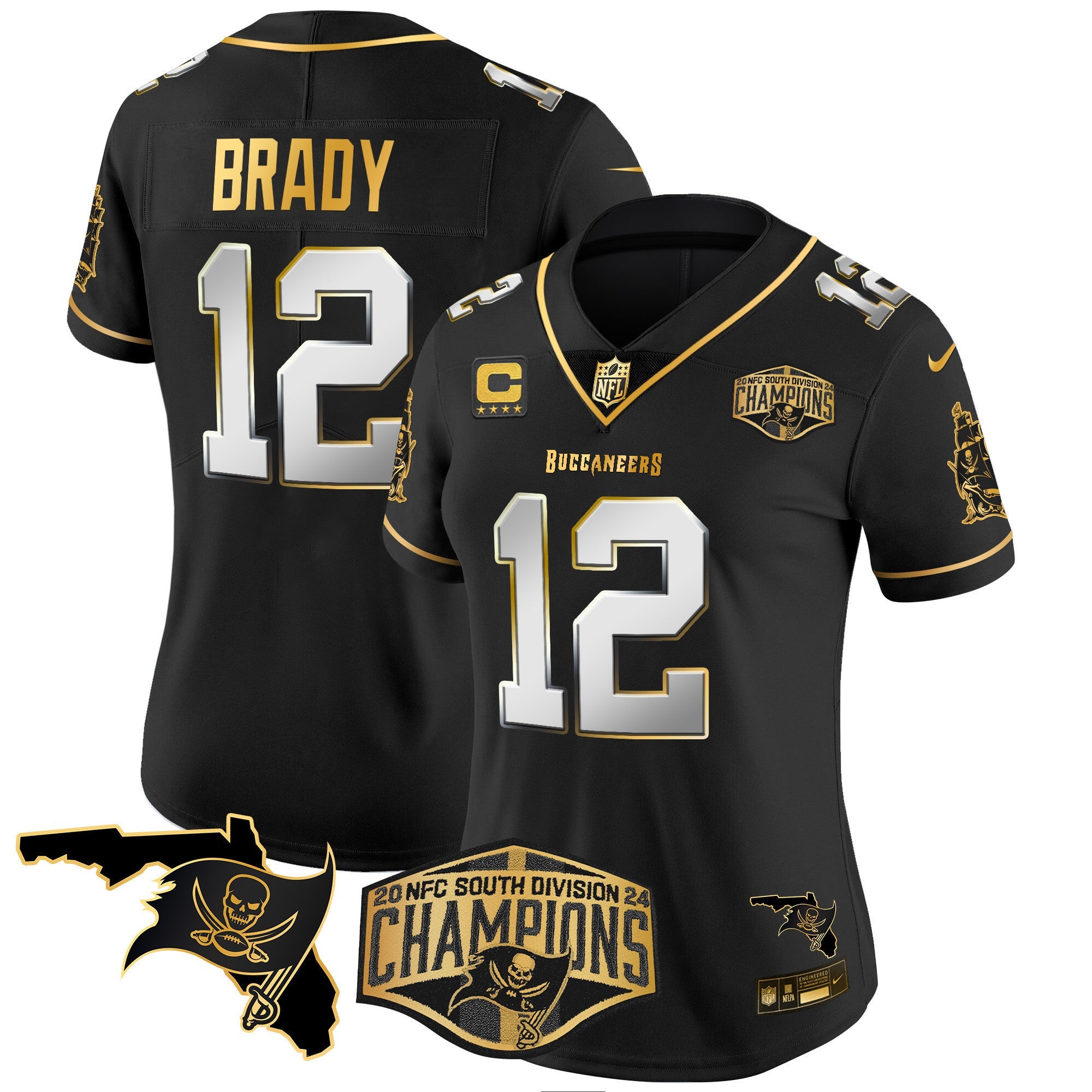 Women's Buccaneers 2024 NFC South Division Champions Patch Gold Vapor Limited Jersey - All Stitched