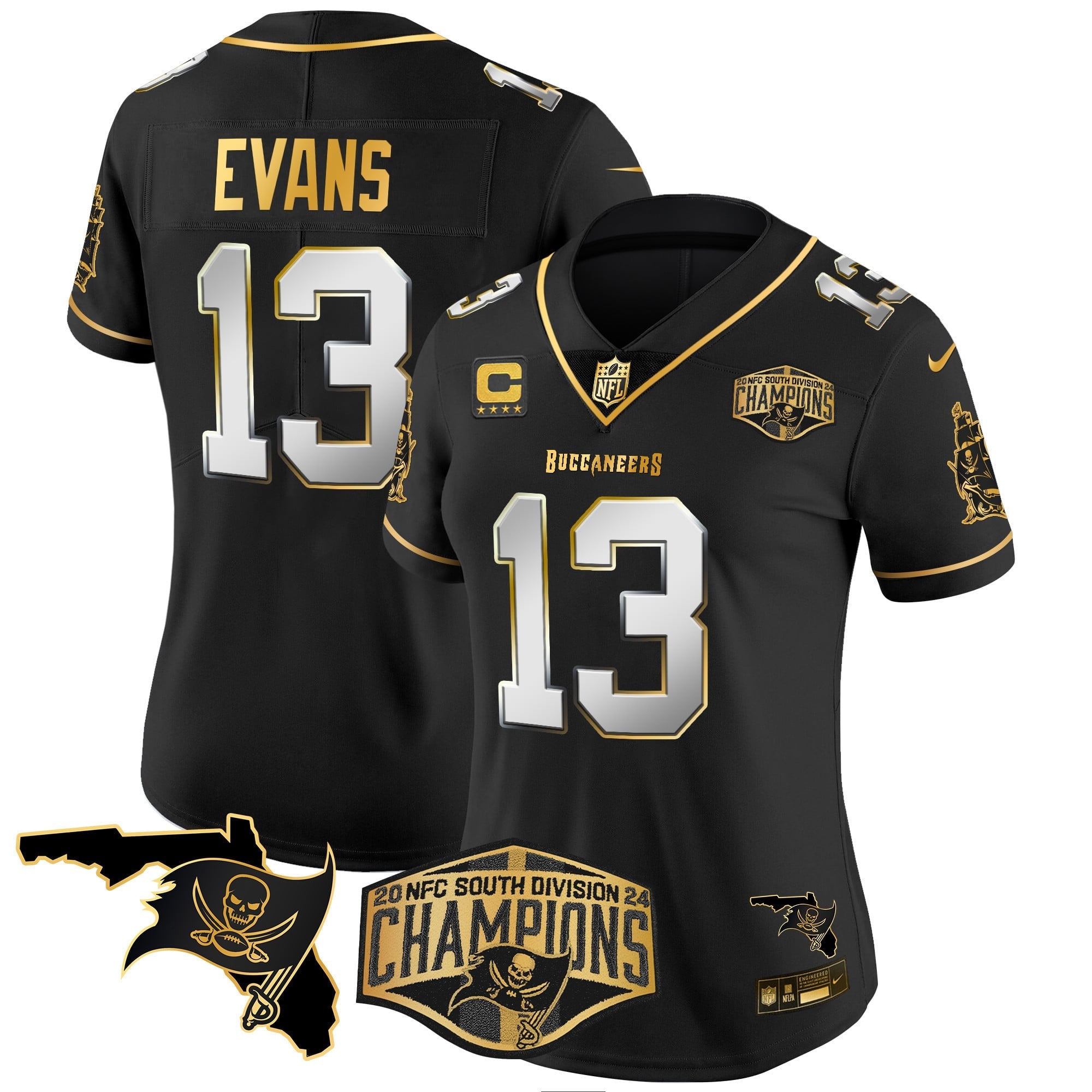 Women's Buccaneers 2024 NFC South Division Champions Patch Gold Vapor Limited Jersey - All Stitched