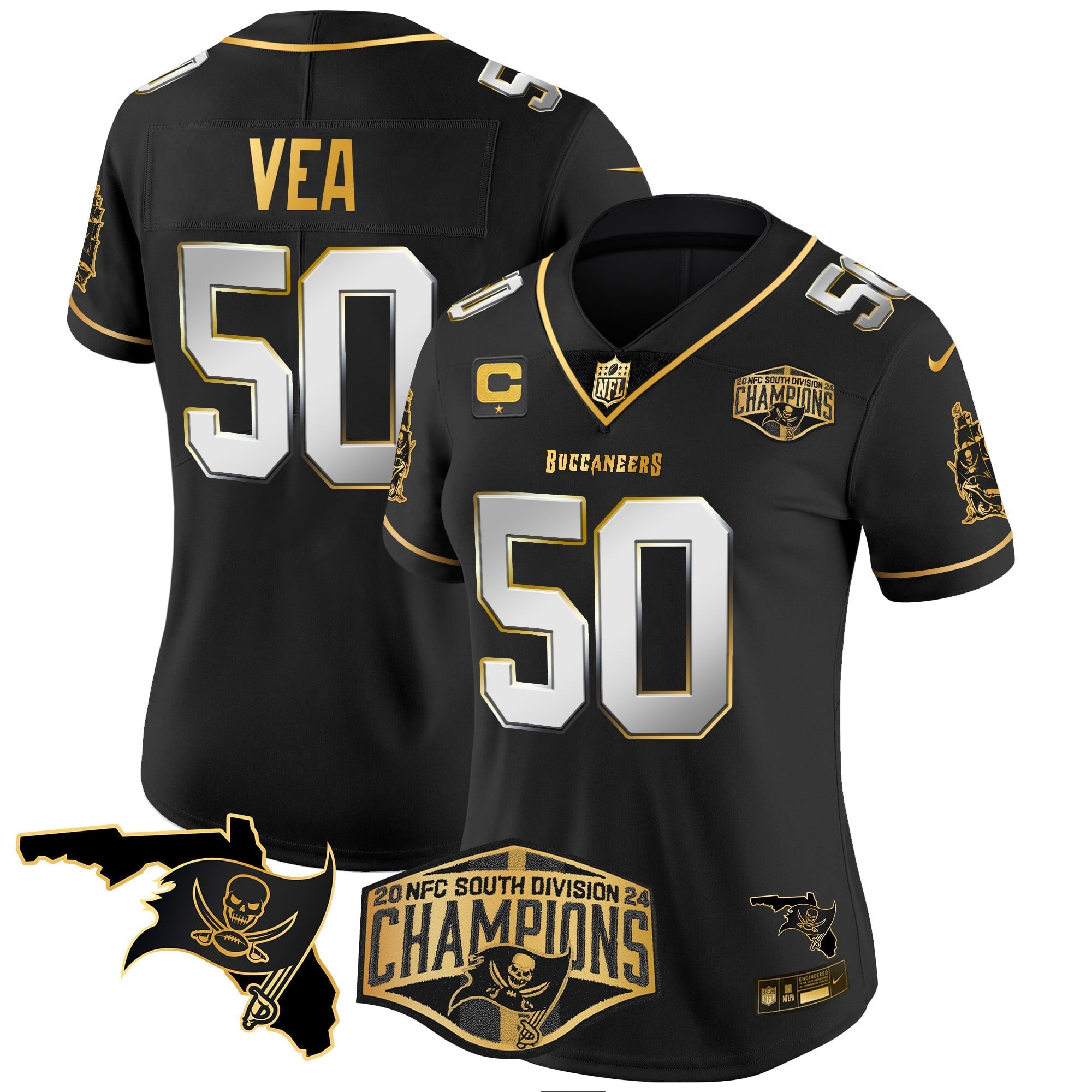 Women's Buccaneers 2024 NFC South Division Champions Patch Gold Vapor Limited Jersey - All Stitched
