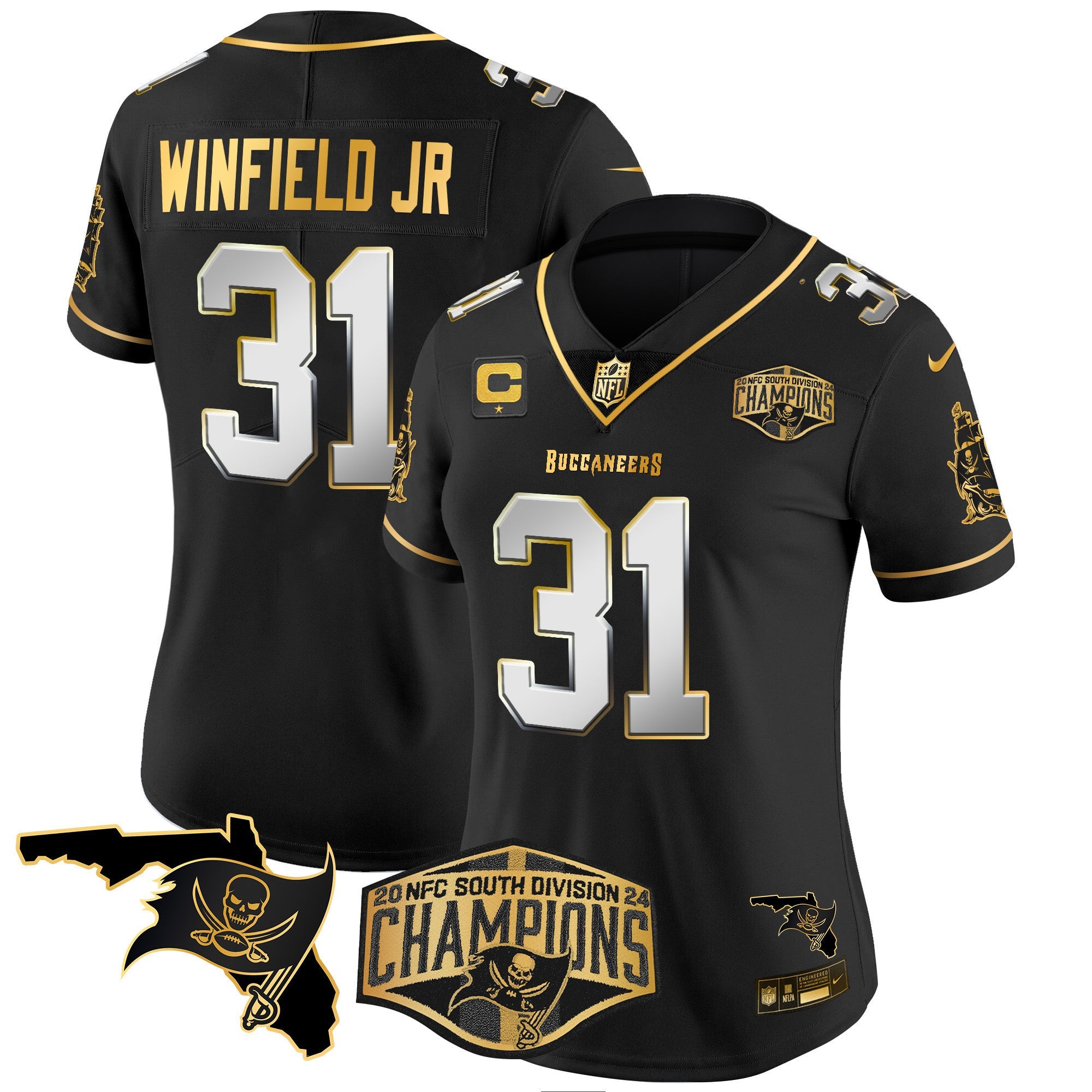 Women's Buccaneers 2024 NFC South Division Champions Patch Gold Vapor Limited Jersey - All Stitched