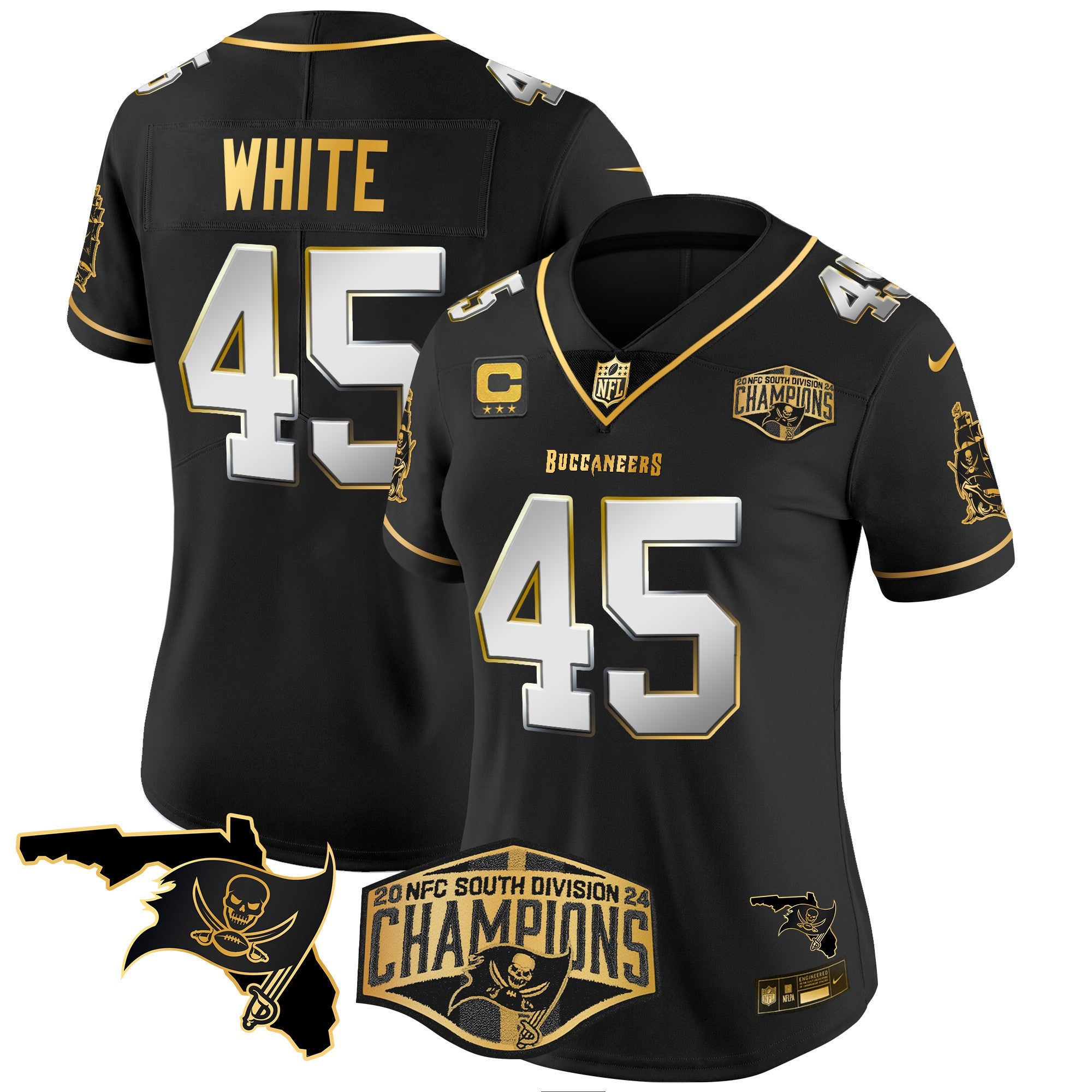 Women's Buccaneers 2024 NFC South Division Champions Patch Gold Vapor Limited Jersey - All Stitched