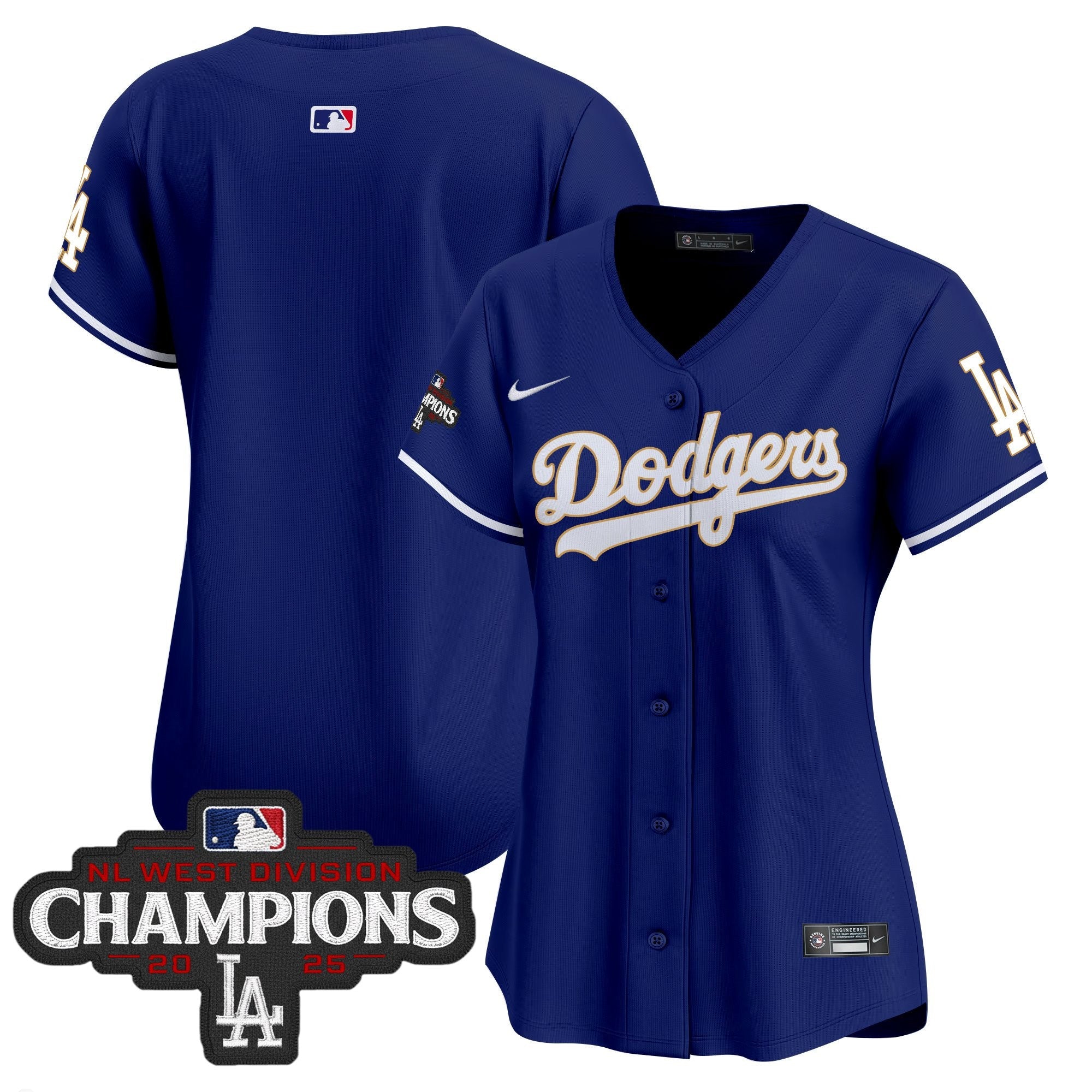 Women's Dodgers 2025 NL West Division Champions Patch Gold Trim Vapor Premier Limited Jersey - All Stitched
