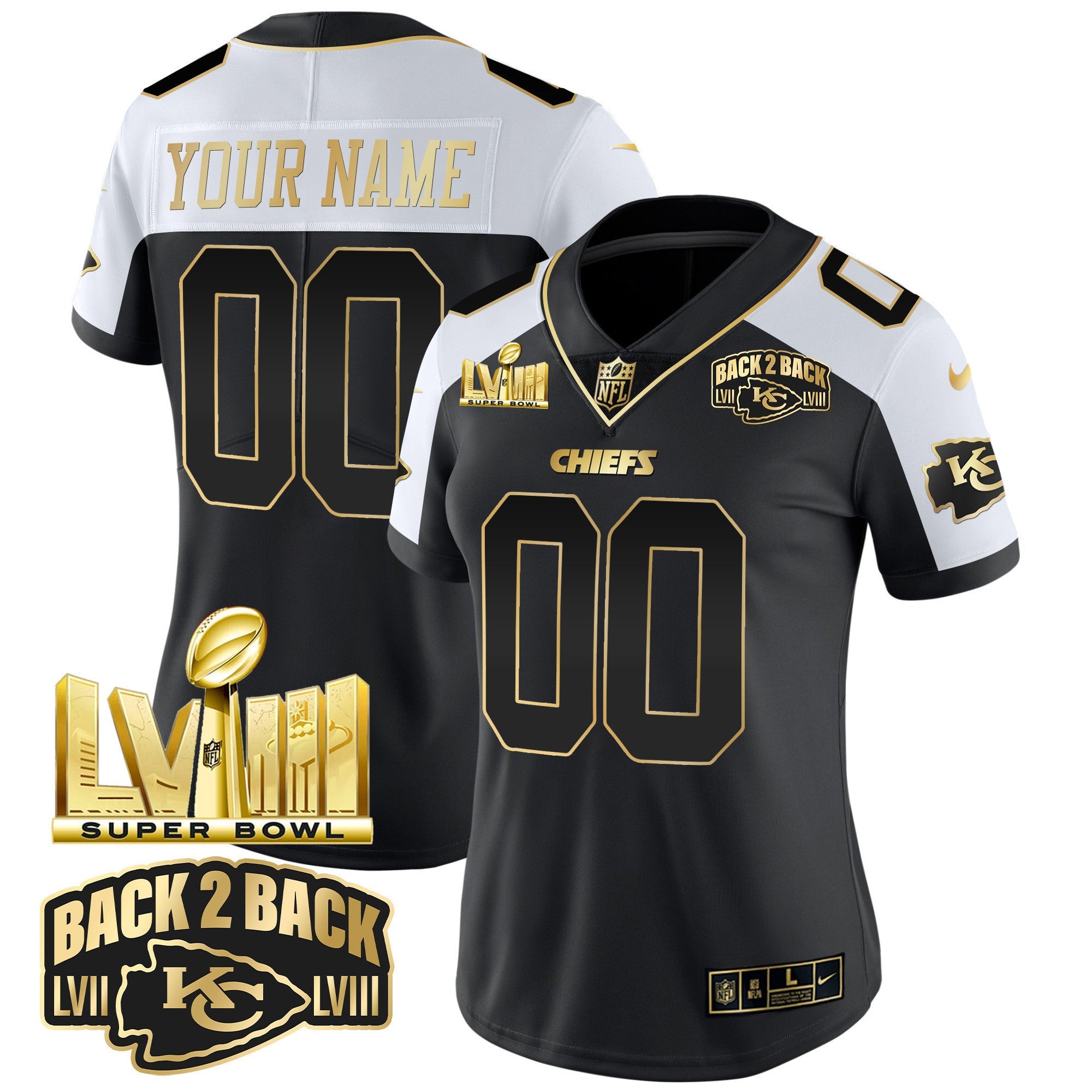 Chiefs Super Bowl LVIII & Back 2 Back Gold Patch Vapor Custom Jersey V2 - All Stitched